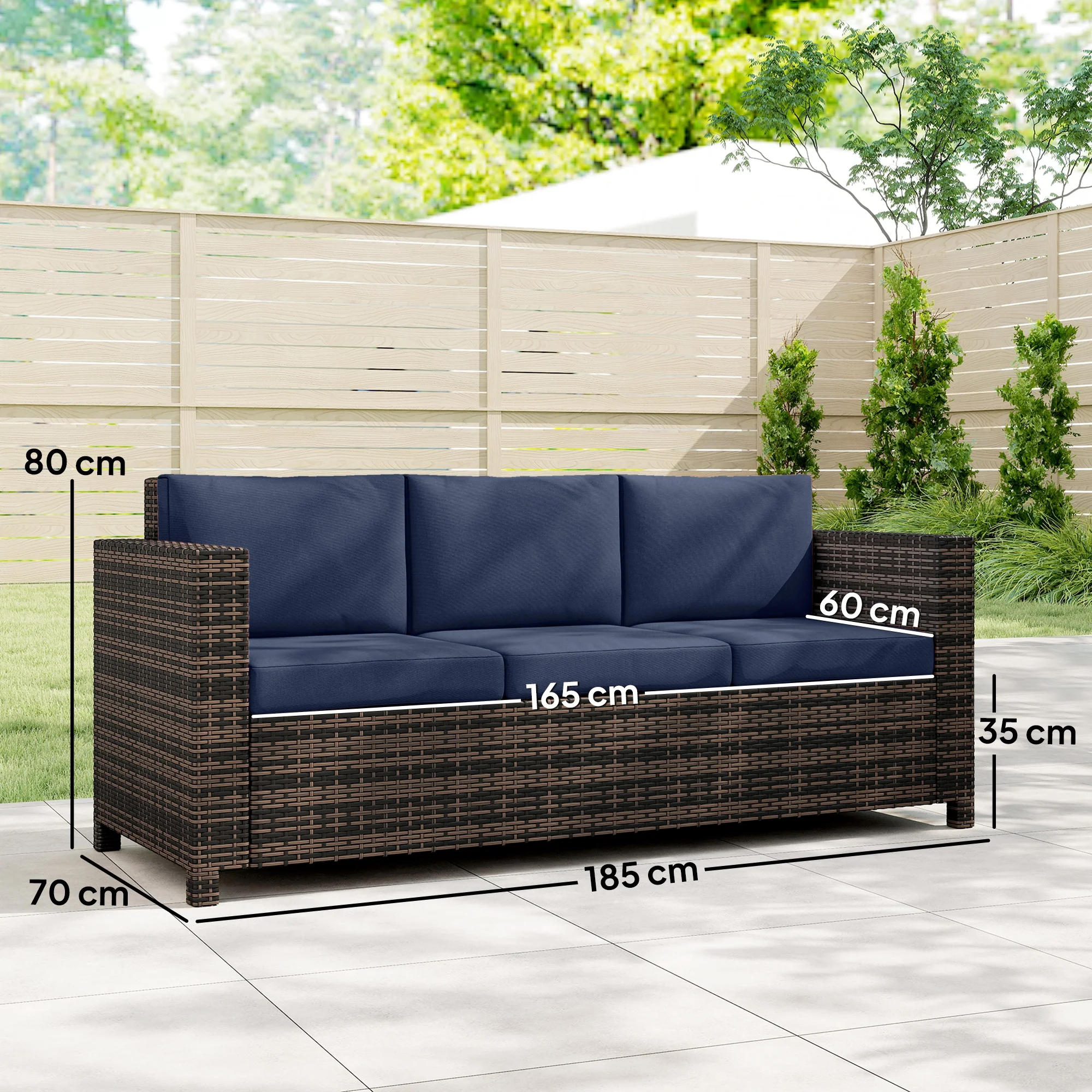 Outsunny Rattan Wicker 3-seater Sofa Chair Patio Furniture, Dark Blue - Image 3