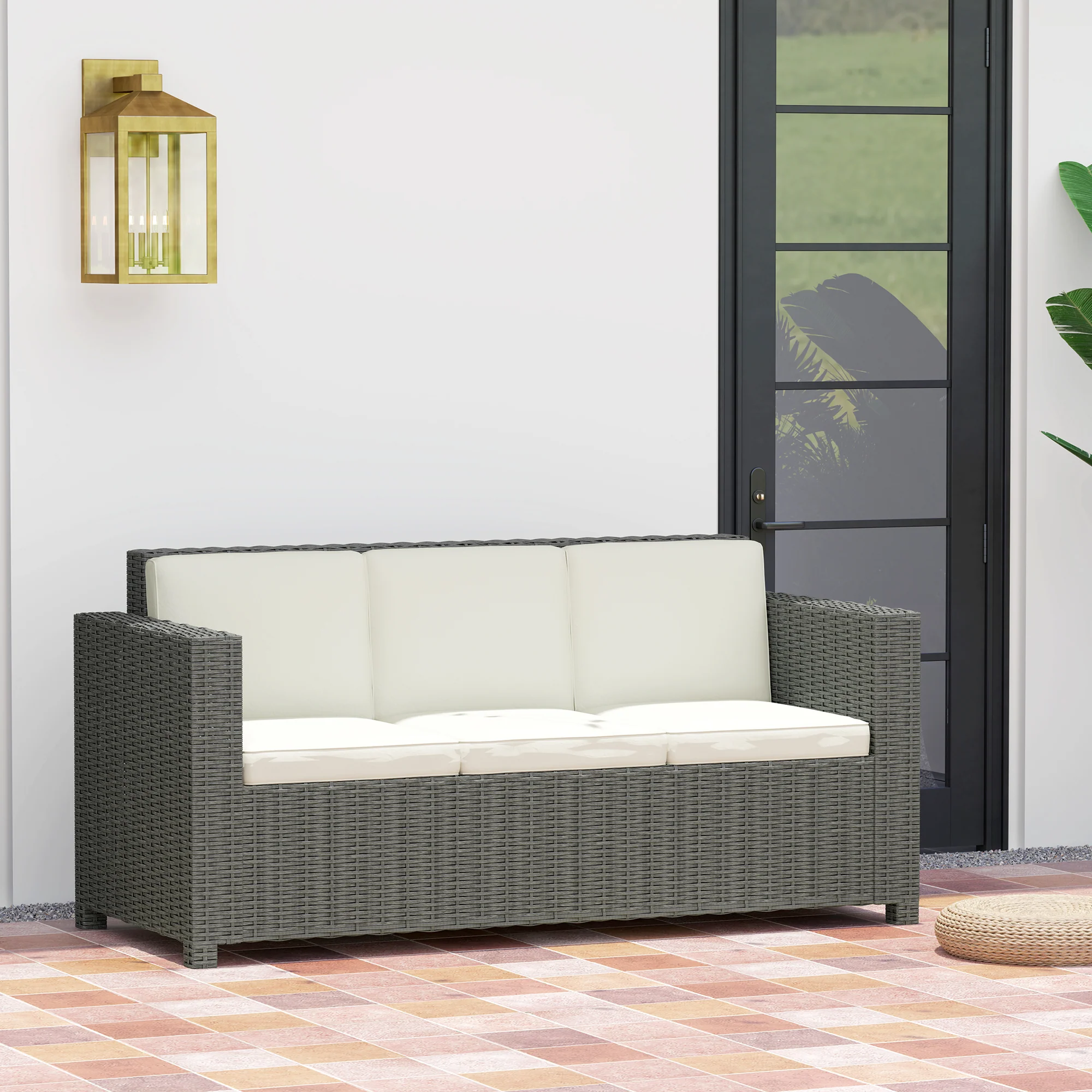 Outsunny Rattan Wicker 3-seater Sofa Chair Patio Furniture W/ Cushion Cream - Image 7
