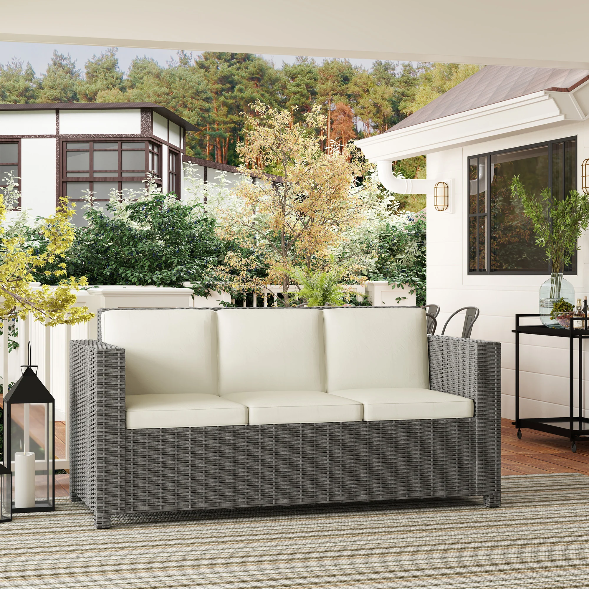 Outsunny Rattan Wicker 3-seater Sofa Chair Patio Furniture W/ Cushion Cream - Image 9