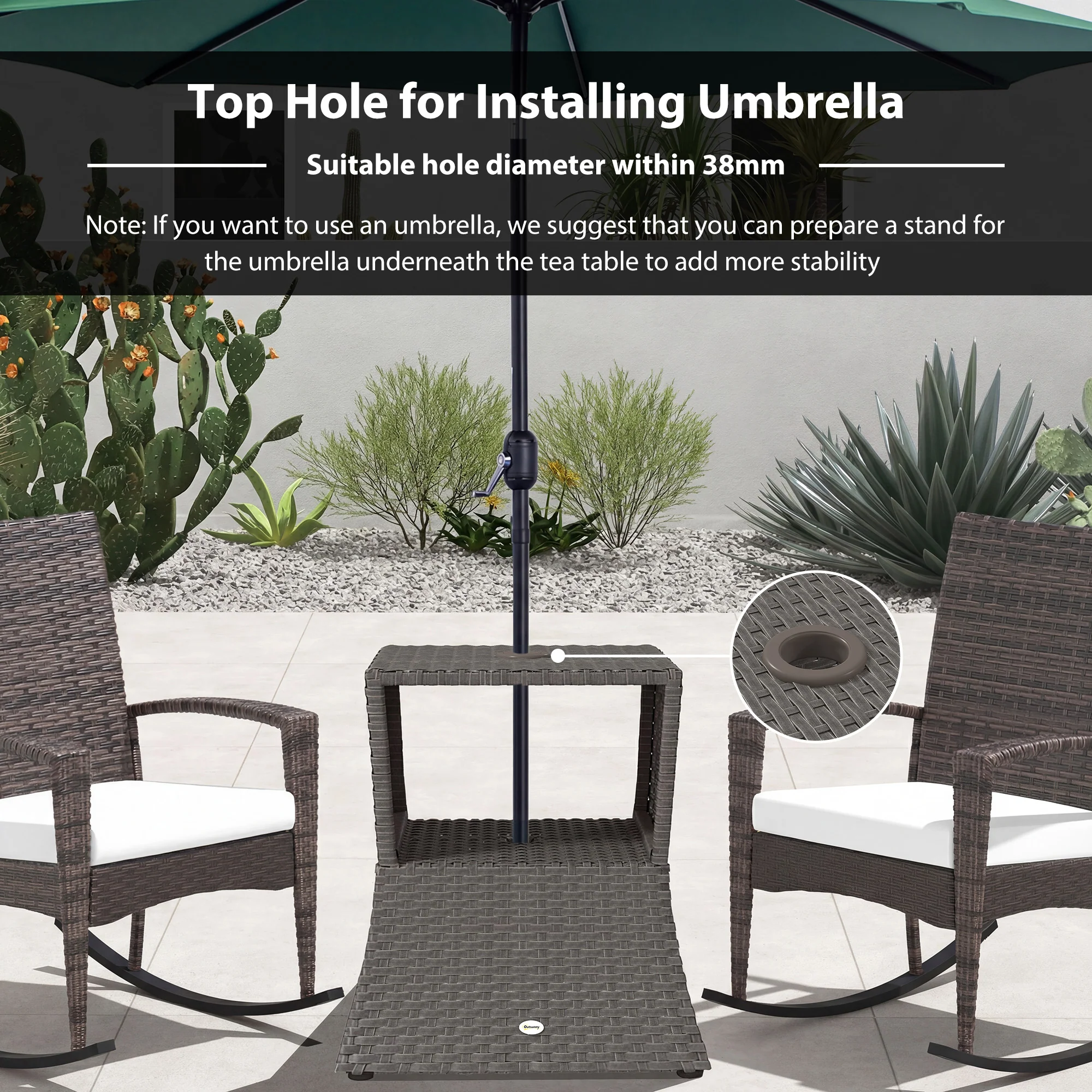 Outsunny Rattan Wicker Tea Coffee Table w/ Umbrella Hole Dark Grey - Image 7