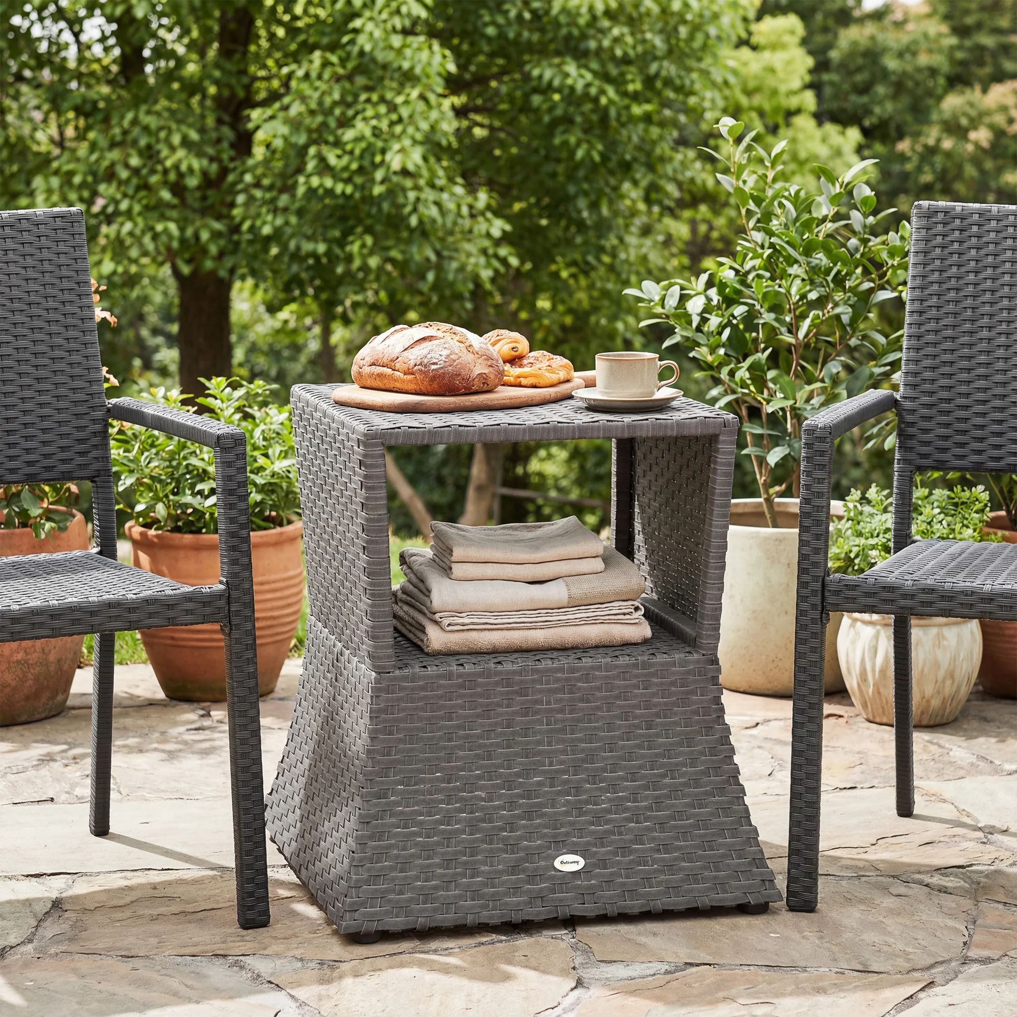 Outsunny Rattan Wicker Tea Coffee Table w/ Umbrella Hole Dark Grey - Image 8
