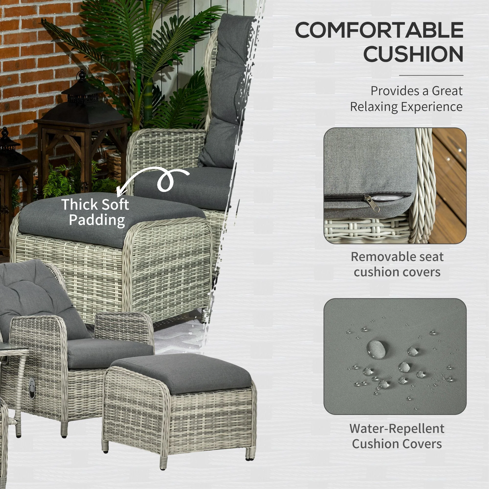 Outsunny Recliner Rattan Garden Furniture w/ Two-tier Table & Cushions, Grey - Image 4