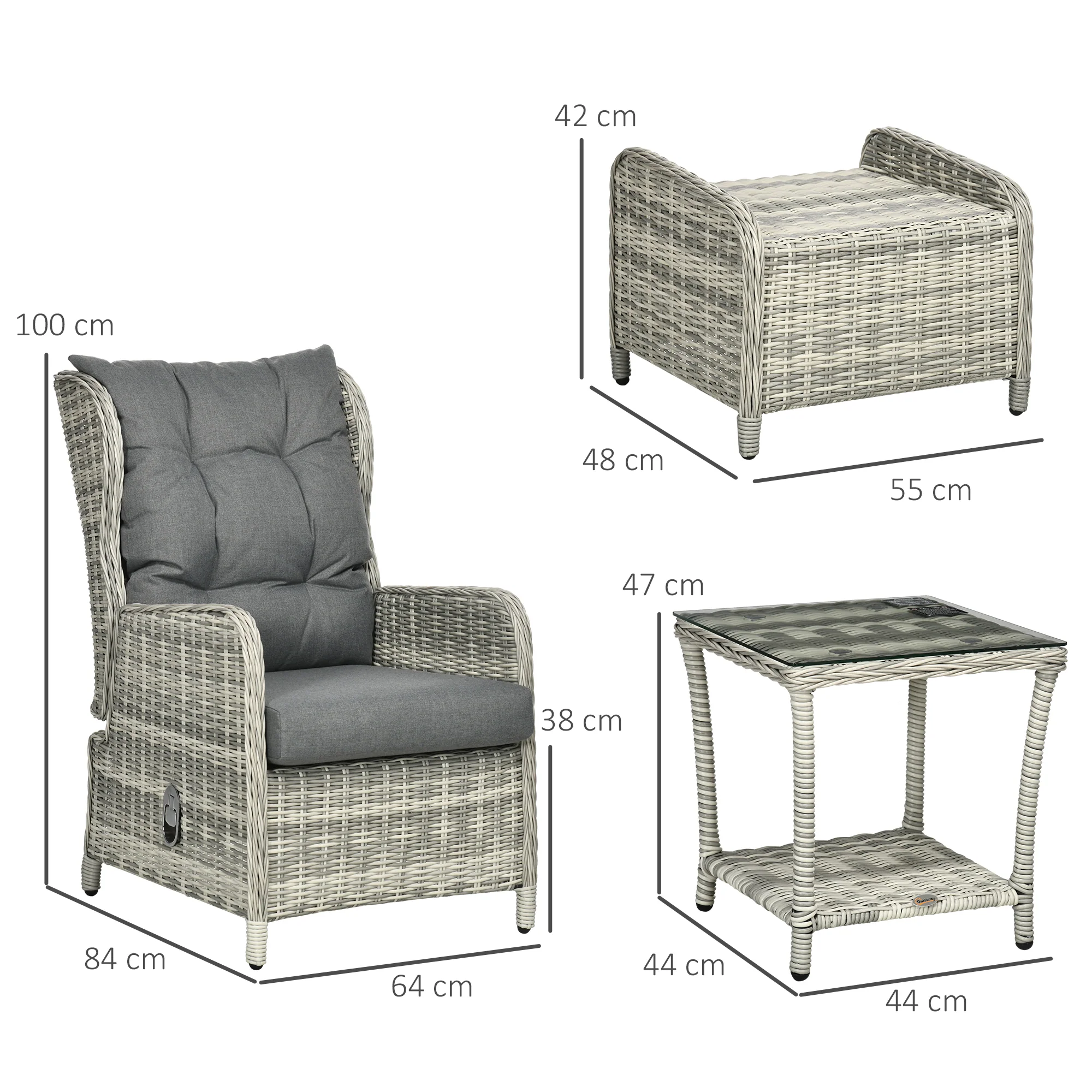 Outsunny Recliner Rattan Garden Furniture w/ Two-tier Table & Cushions, Grey - Image 5