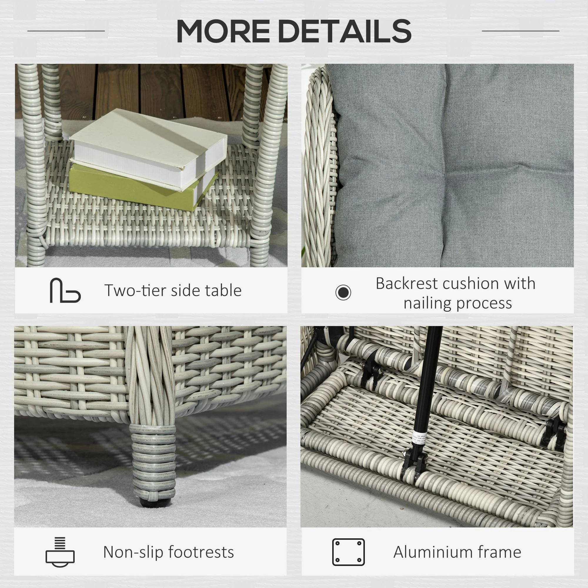 Outsunny Recliner Rattan Garden Furniture w/ Two-tier Table & Cushions, Grey - Image 7
