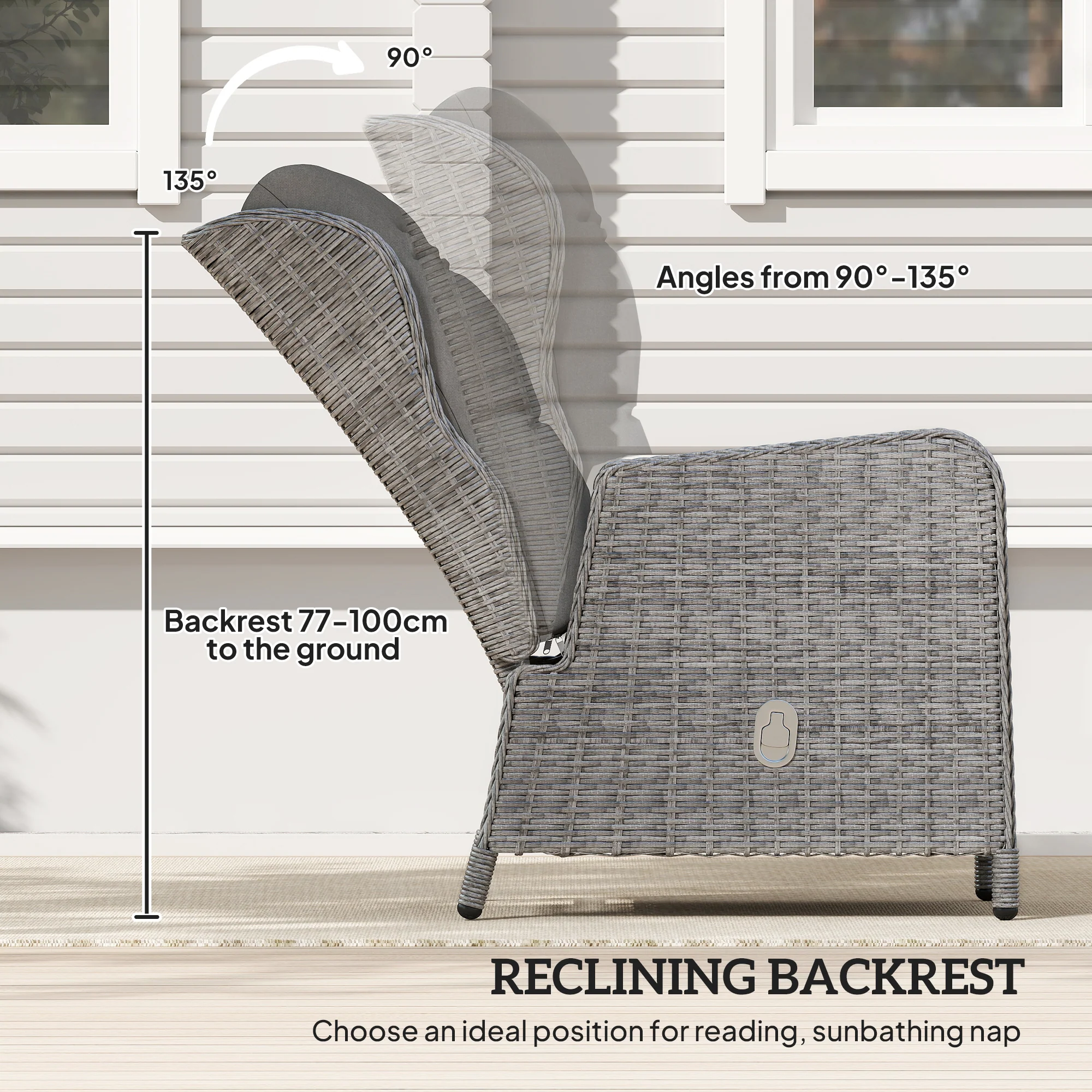 Outsunny Recliner Rattan Garden Furniture w/ Two-tier Table, Light Grey - Image 6