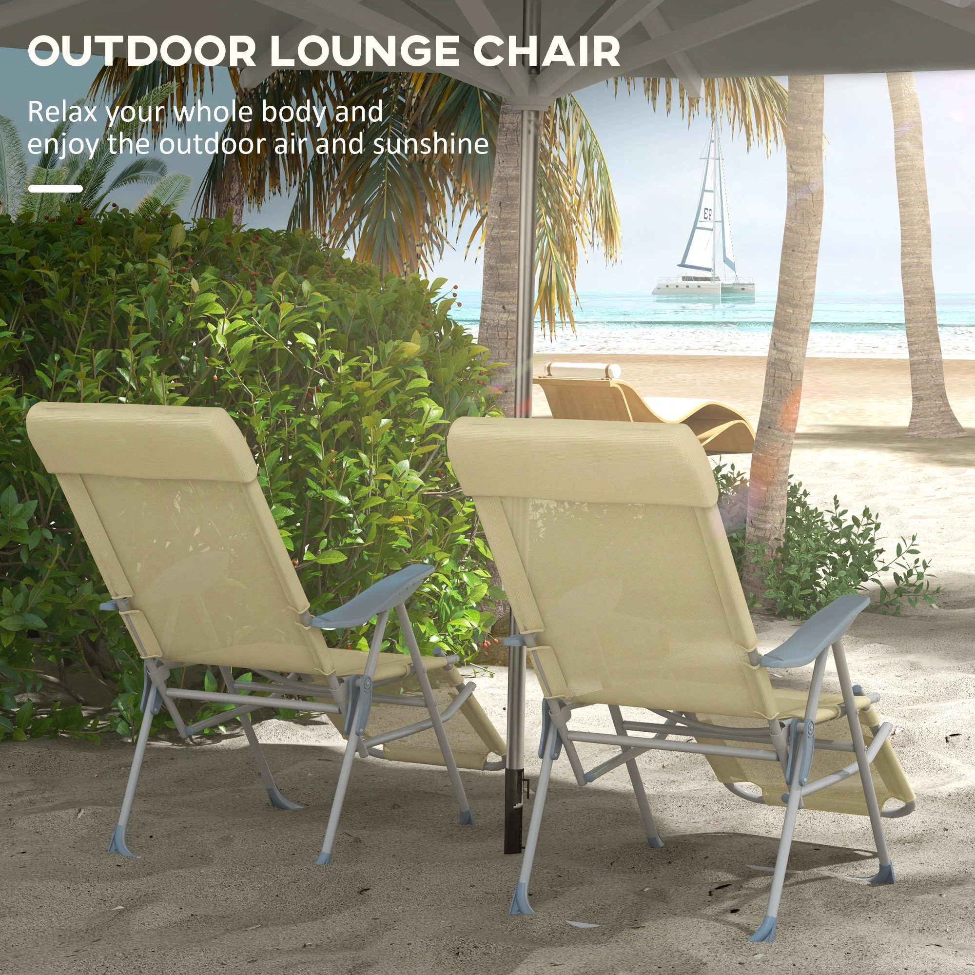 Outsunny Reclining Garden Chairs Set of 2 w/ 5-level Adjustable Backrest, Beige - Image 3