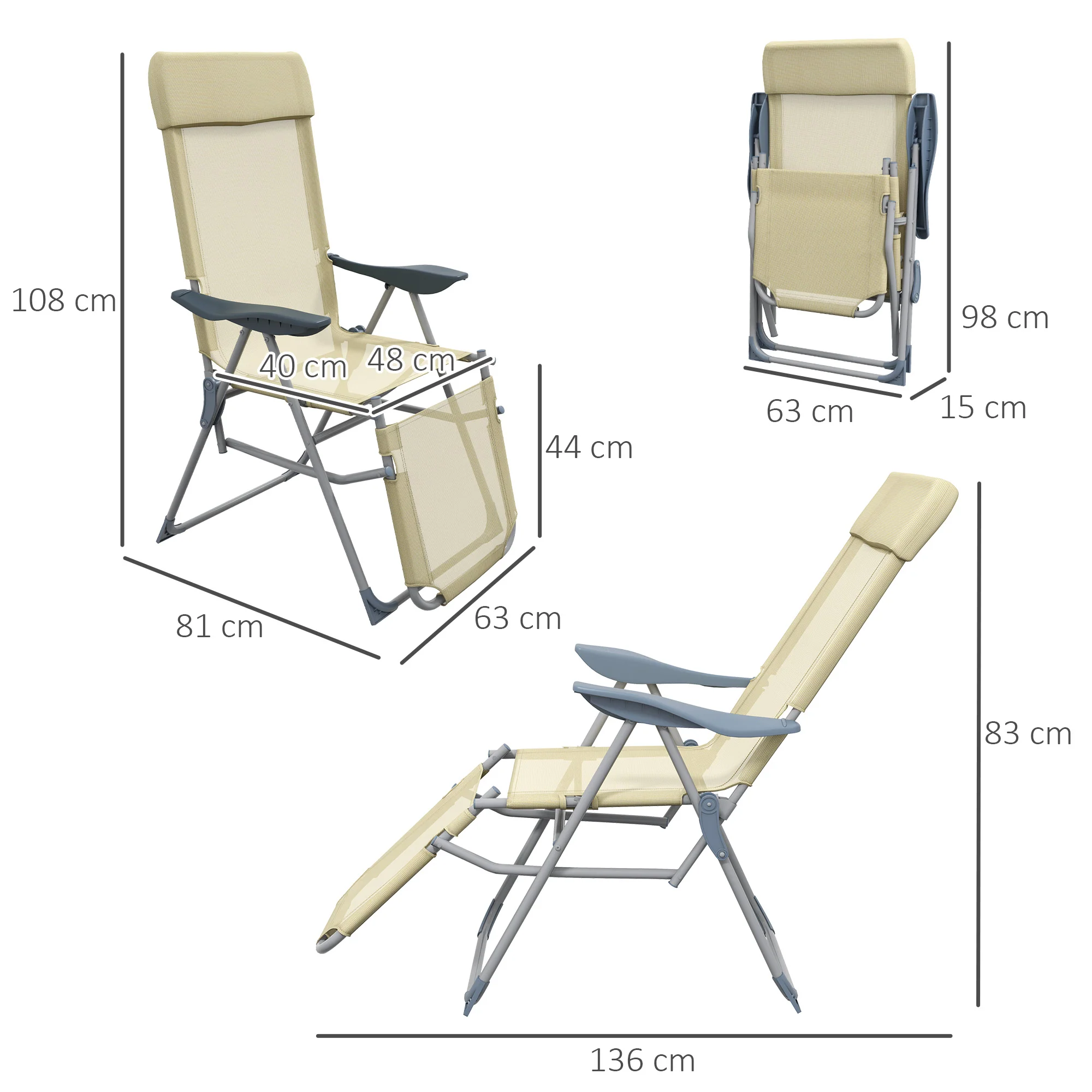 Outsunny Reclining Garden Chairs Set of 2 w/ 5-level Adjustable Backrest, Beige - Image 5