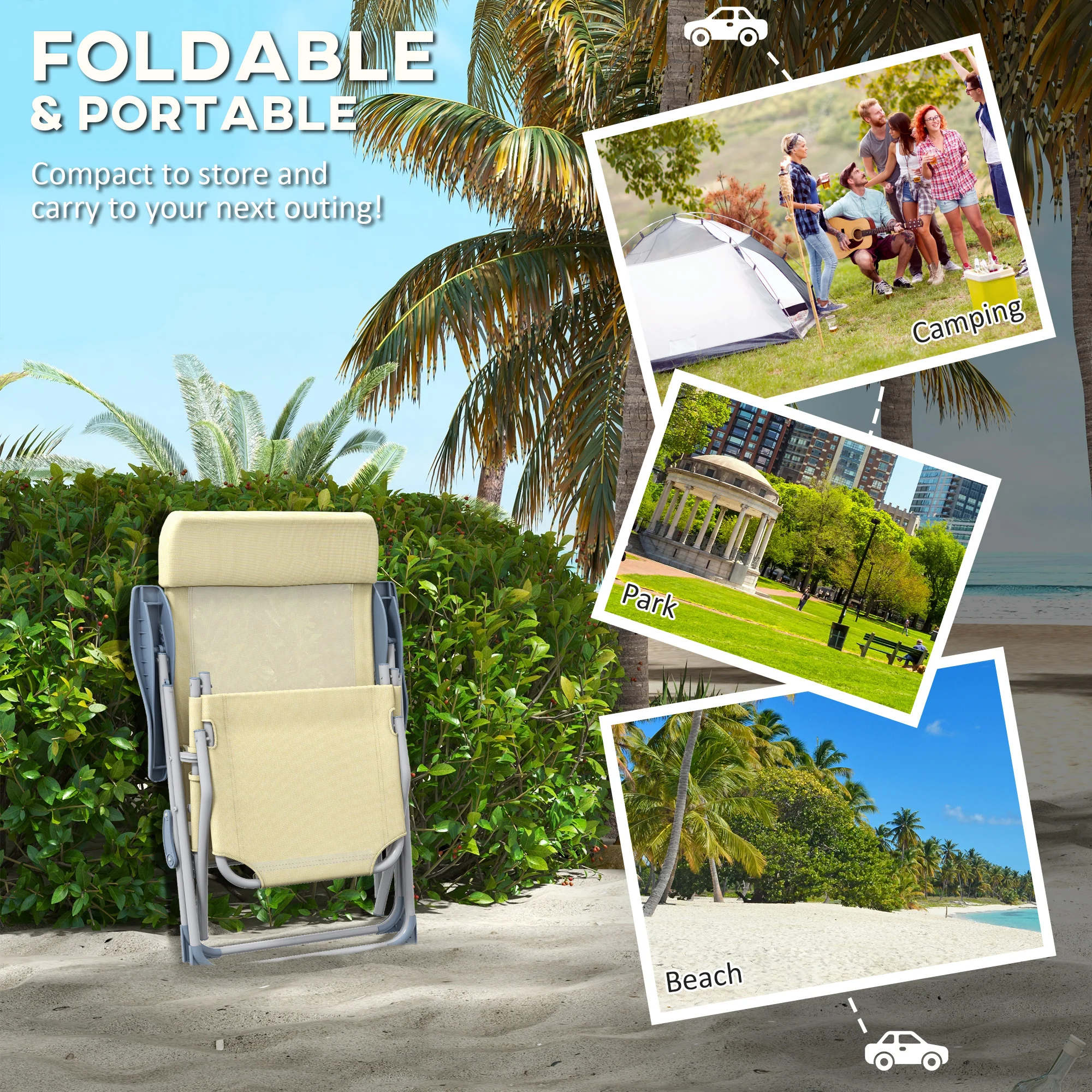 Outsunny Reclining Garden Chairs Set of 2 w/ 5-level Adjustable Backrest, Beige - Image 6