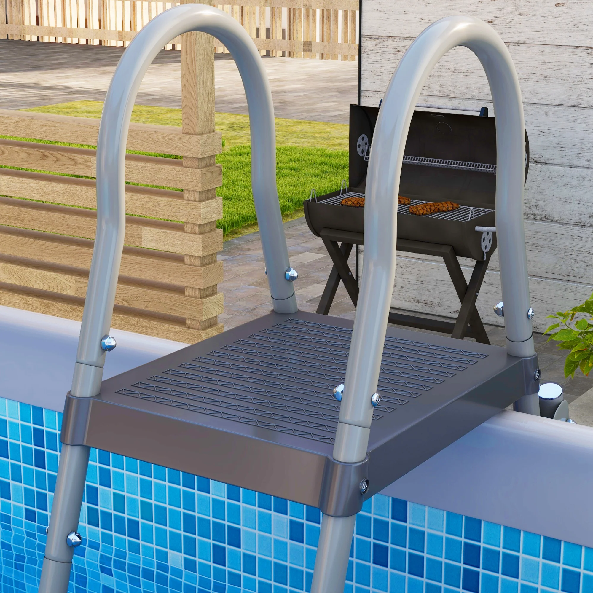 Outsunny Rectangle Above Ground Swimming Pool with Pump and Ladder, Blue - Image 9