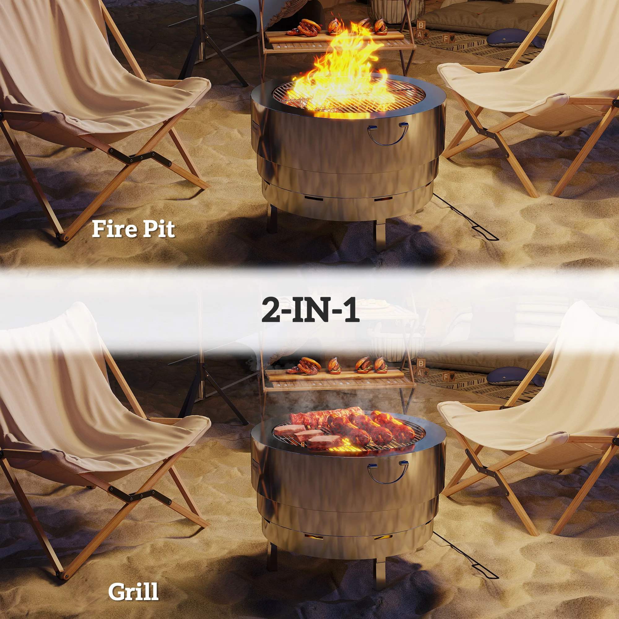 Outsunny Round Fire Pit With Grill Net, Stainless Steel Firepit, Silver - Image 3