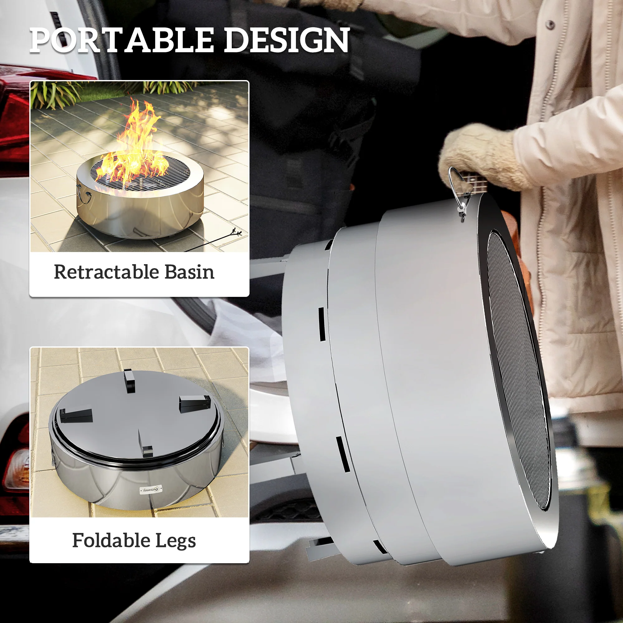 Outsunny Round Fire Pit With Grill Net, Stainless Steel Firepit, Silver - Image 4