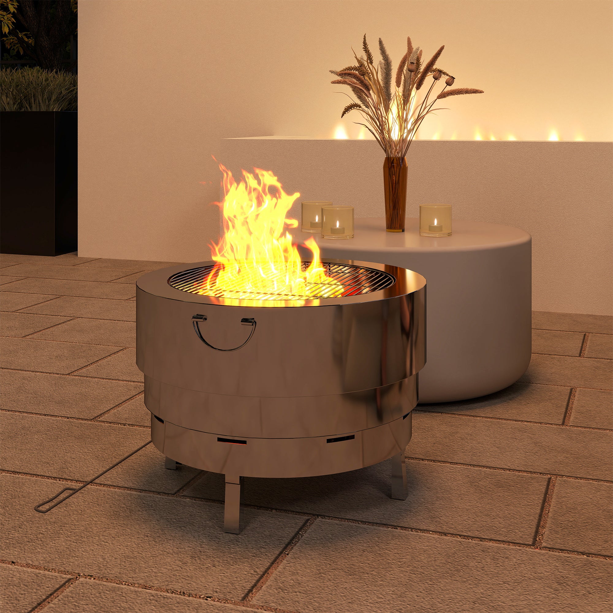 Outsunny Round Fire Pit With Grill Net, Stainless Steel Firepit, Silver - Image 7
