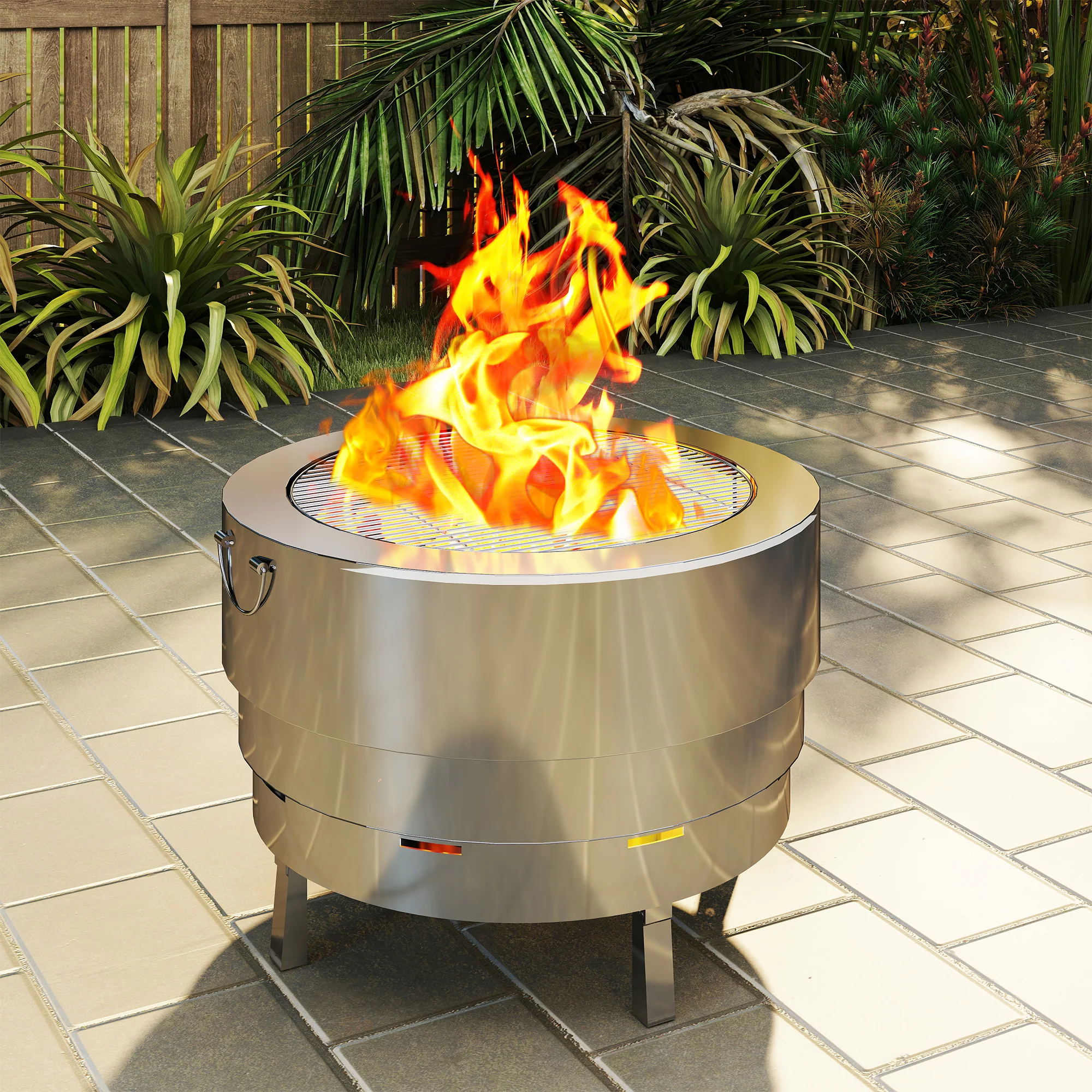 Outsunny Round Fire Pit With Grill Net, Stainless Steel Firepit, Silver - Image 9
