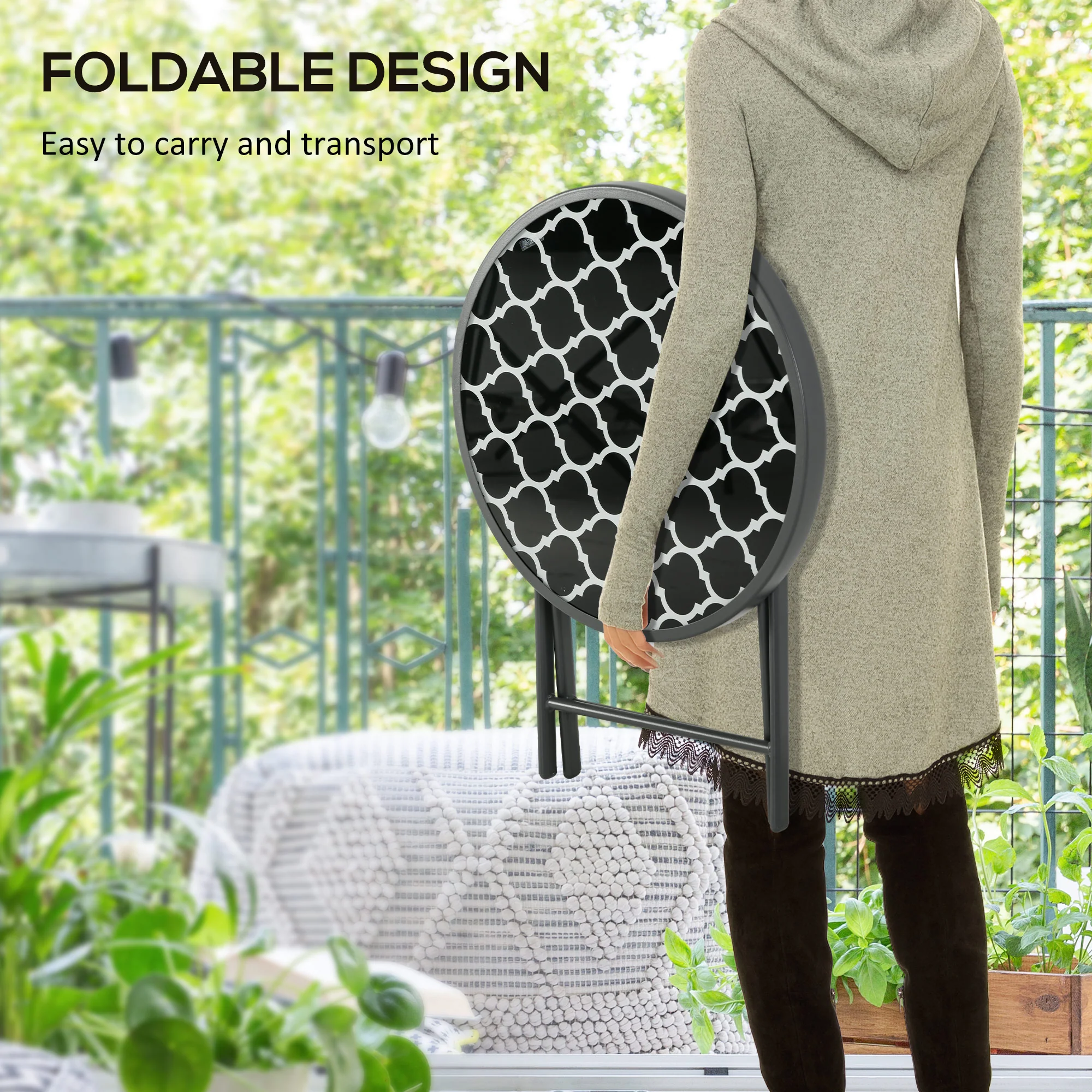 Outsunny Round Folding Side Table W/ Imitation Marble Glass Top, Black & White - Image 3