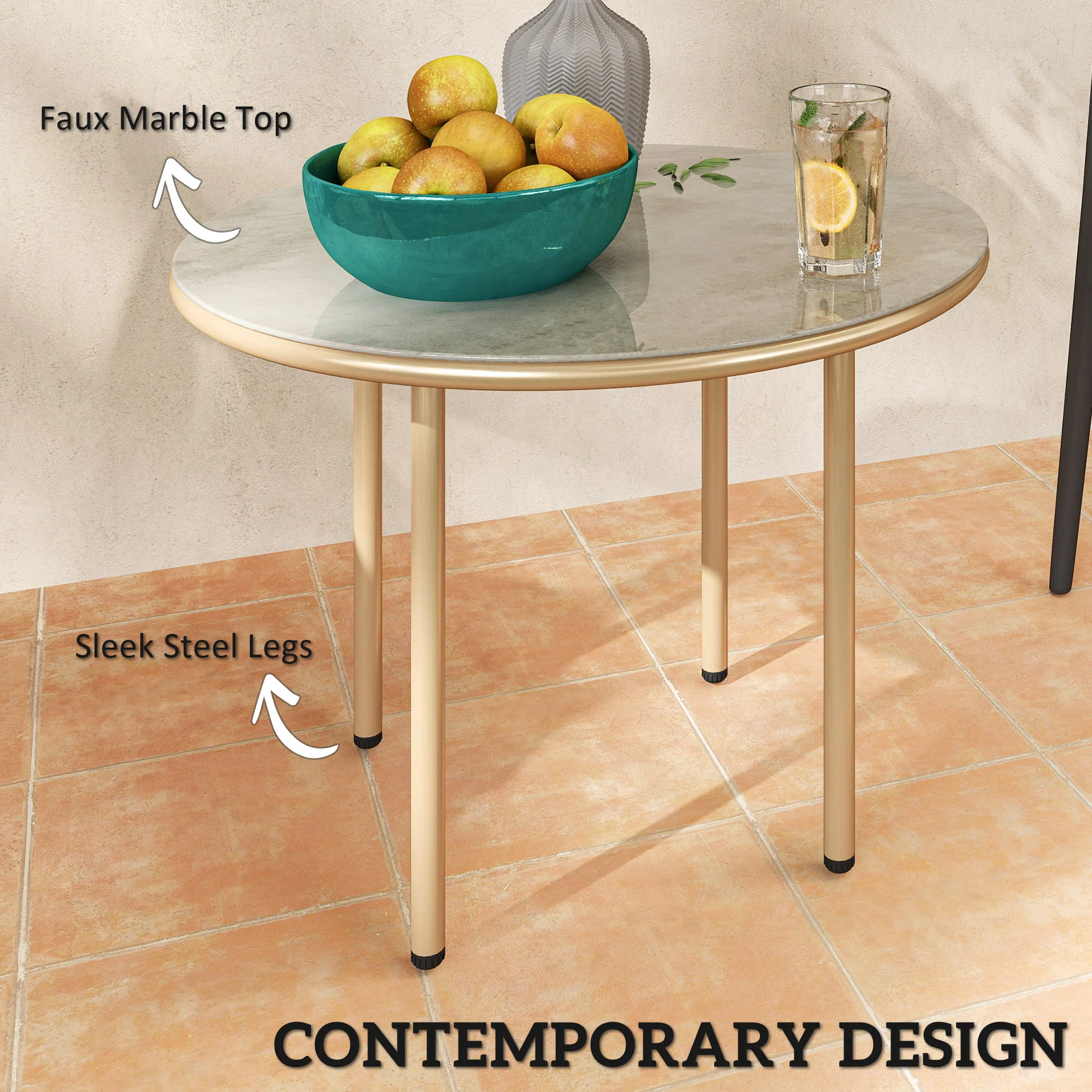 Outsunny Round Small Garden Table with Faux Marble Glass Top, Beige - Image 3