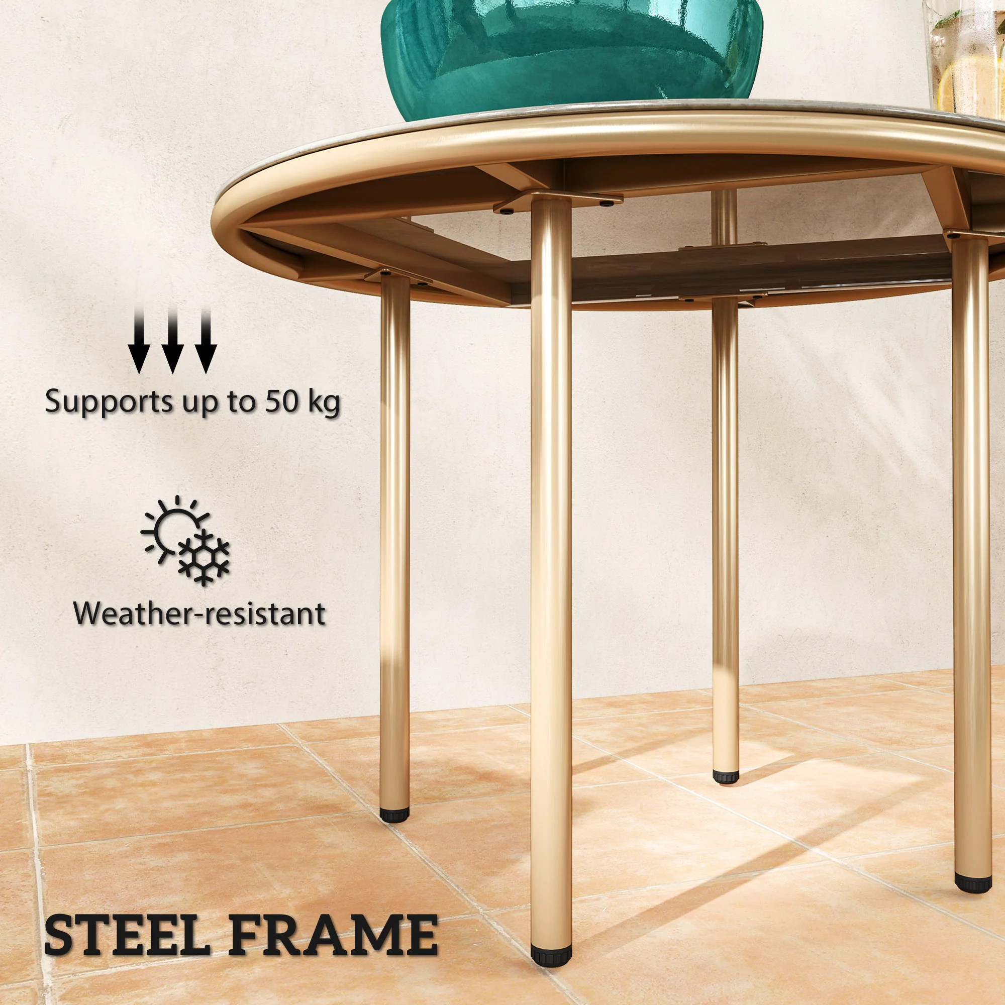 Outsunny Round Small Garden Table with Faux Marble Glass Top, Beige - Image 6