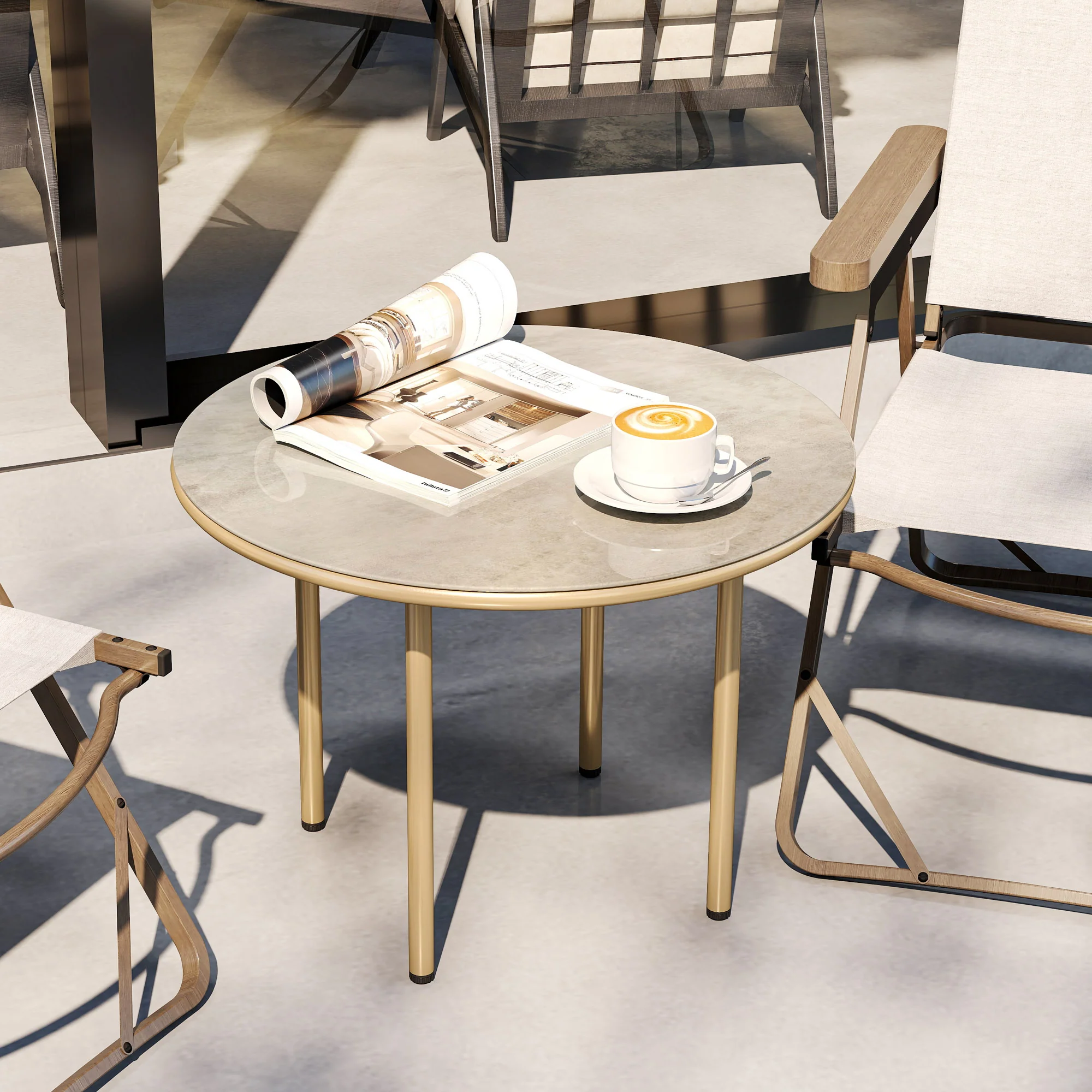 Outsunny Round Small Garden Table with Faux Marble Glass Top, Beige - Image 8