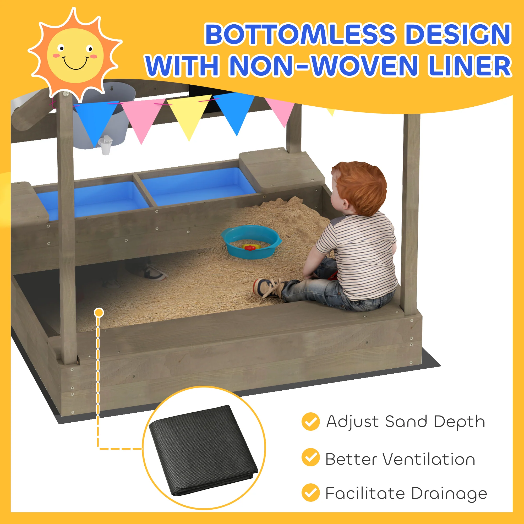 Outsunny Sand Pit with Canopy, Blackboard, Toys, Sink, Seats, Flags for Kids - Image 4