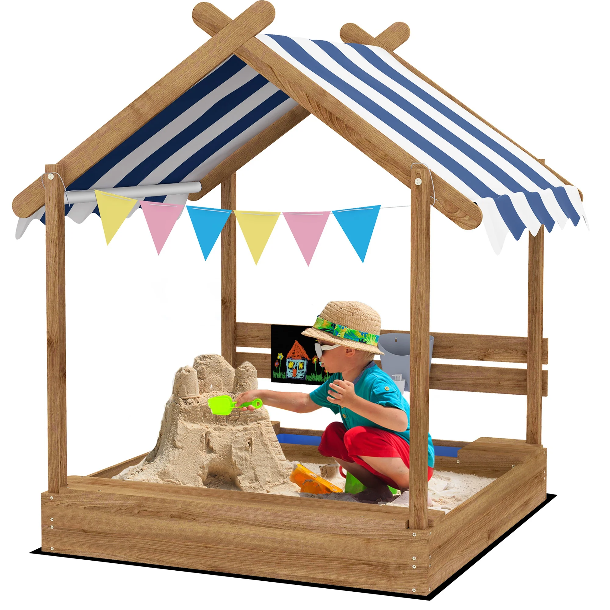 Outsunny Sand Pit With Canopy, Blackboard, Toys, Sink, Seats, Flags For Kids - Image 3