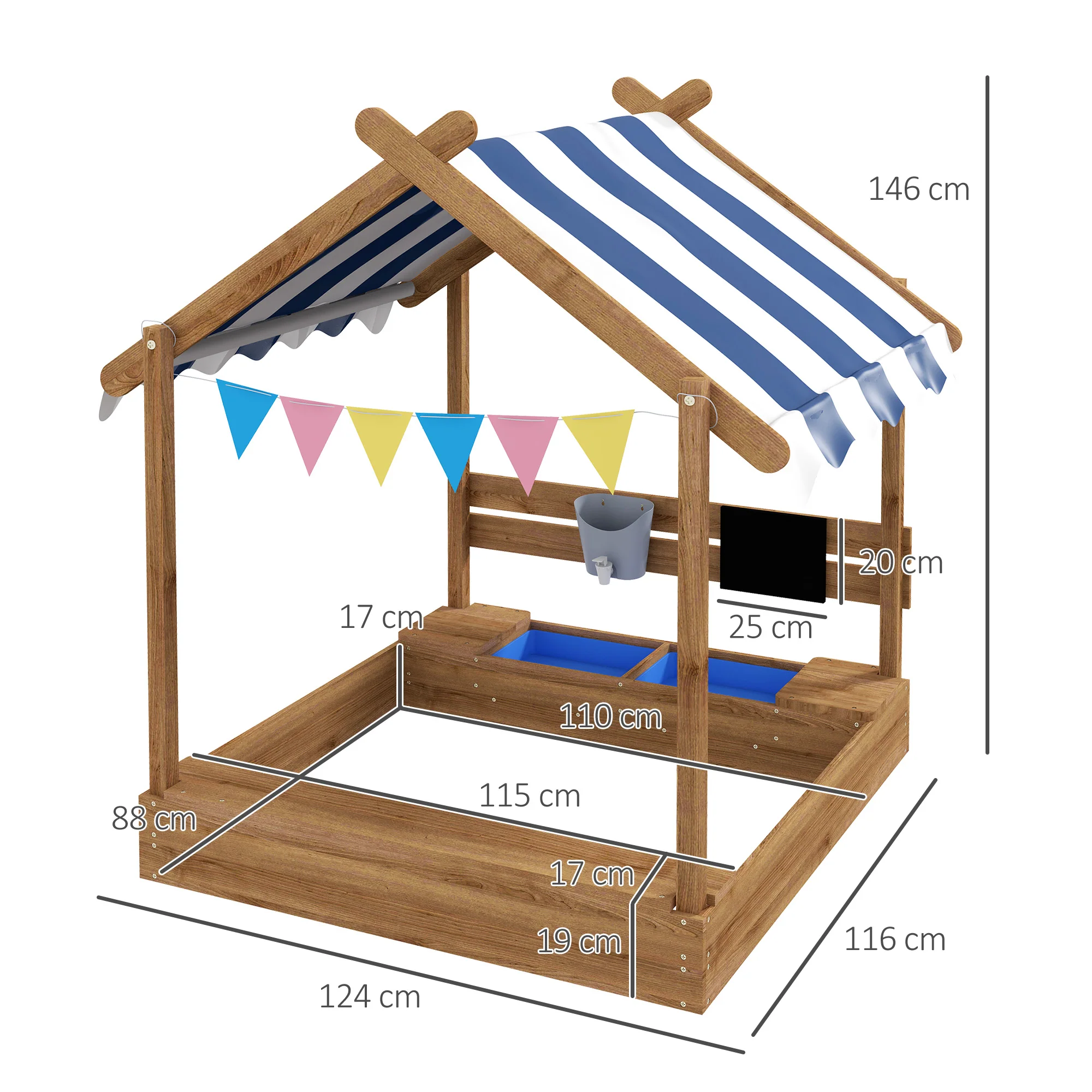 Outsunny Sand Pit With Canopy, Blackboard, Toys, Sink, Seats, Flags For Kids - Image 7