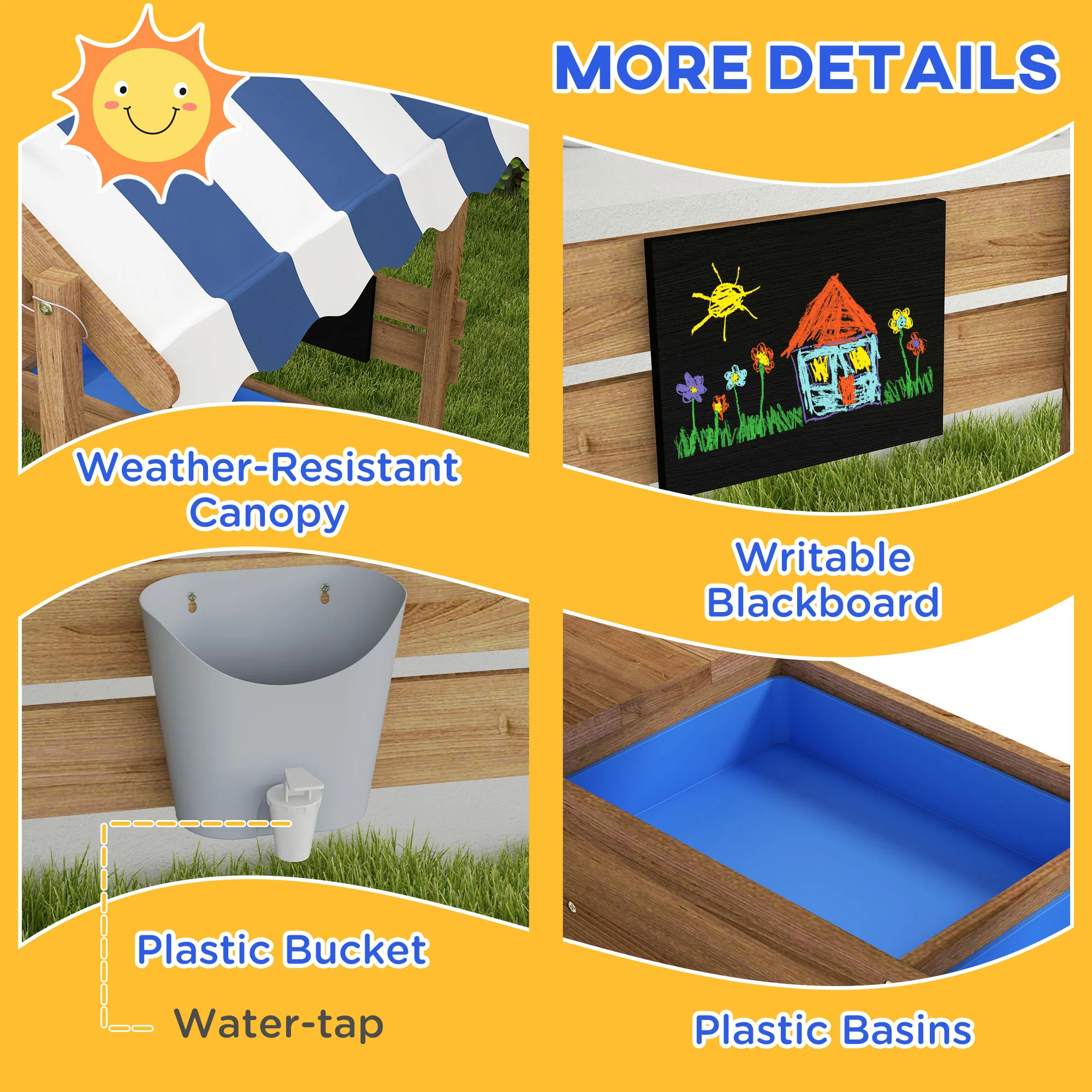 Outsunny Sand Pit With Canopy, Blackboard, Toys, Sink, Seats, Flags For Kids - Image 9