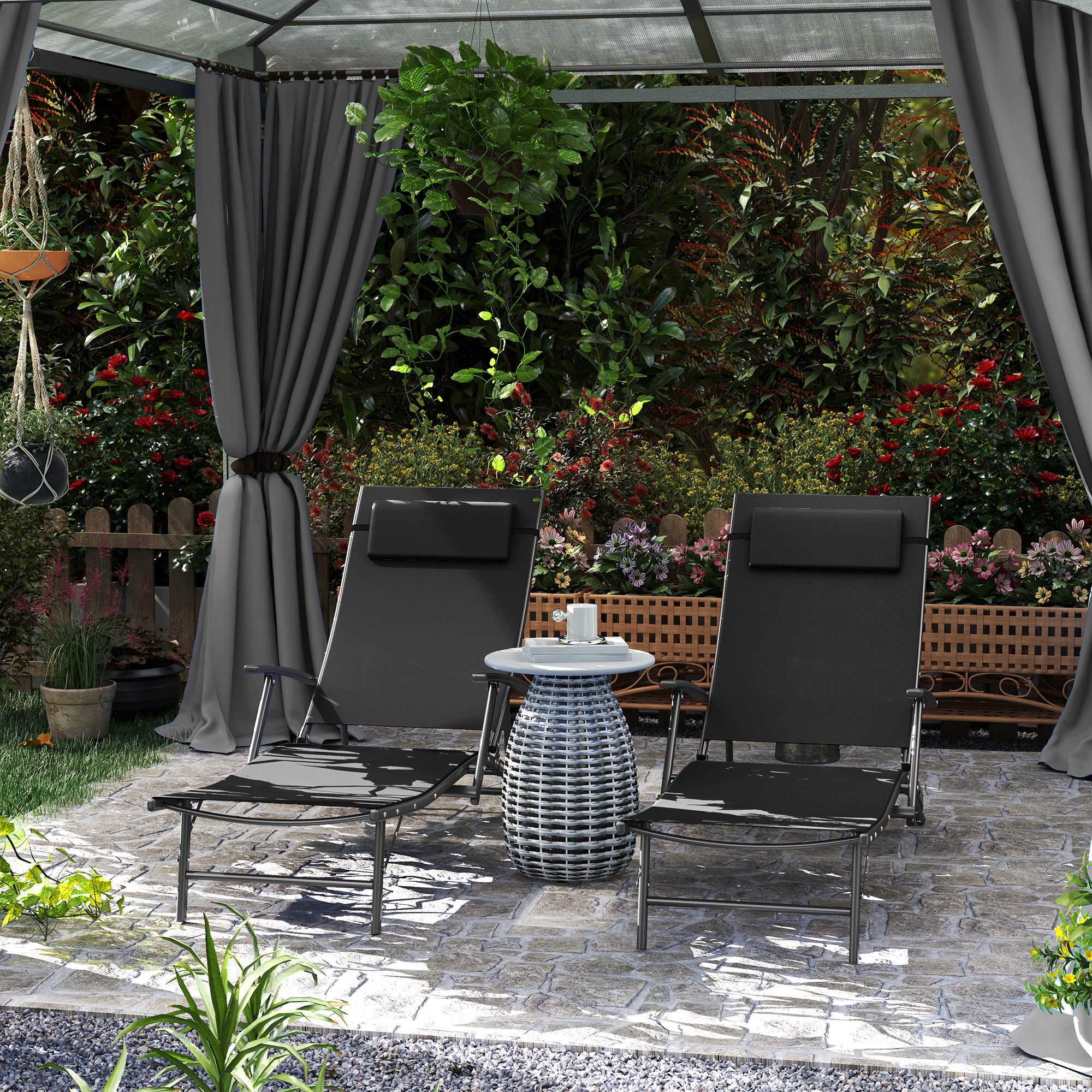 Outsunny Set Of 2 Garden Sun Loungers, Folding Chaise Lounge Chairs, Grey - Image 2