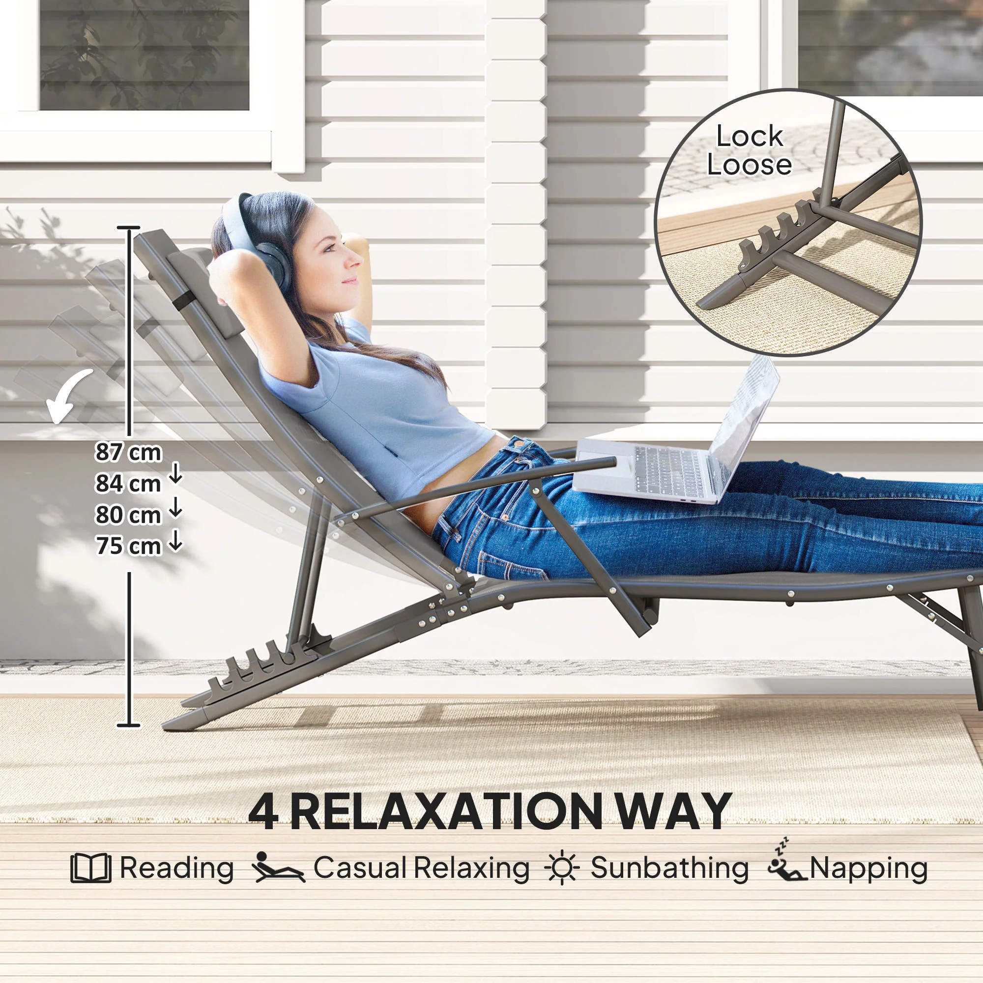 Outsunny Set Of 2 Garden Sun Loungers, Folding Chaise Lounge Chairs, Grey - Image 21