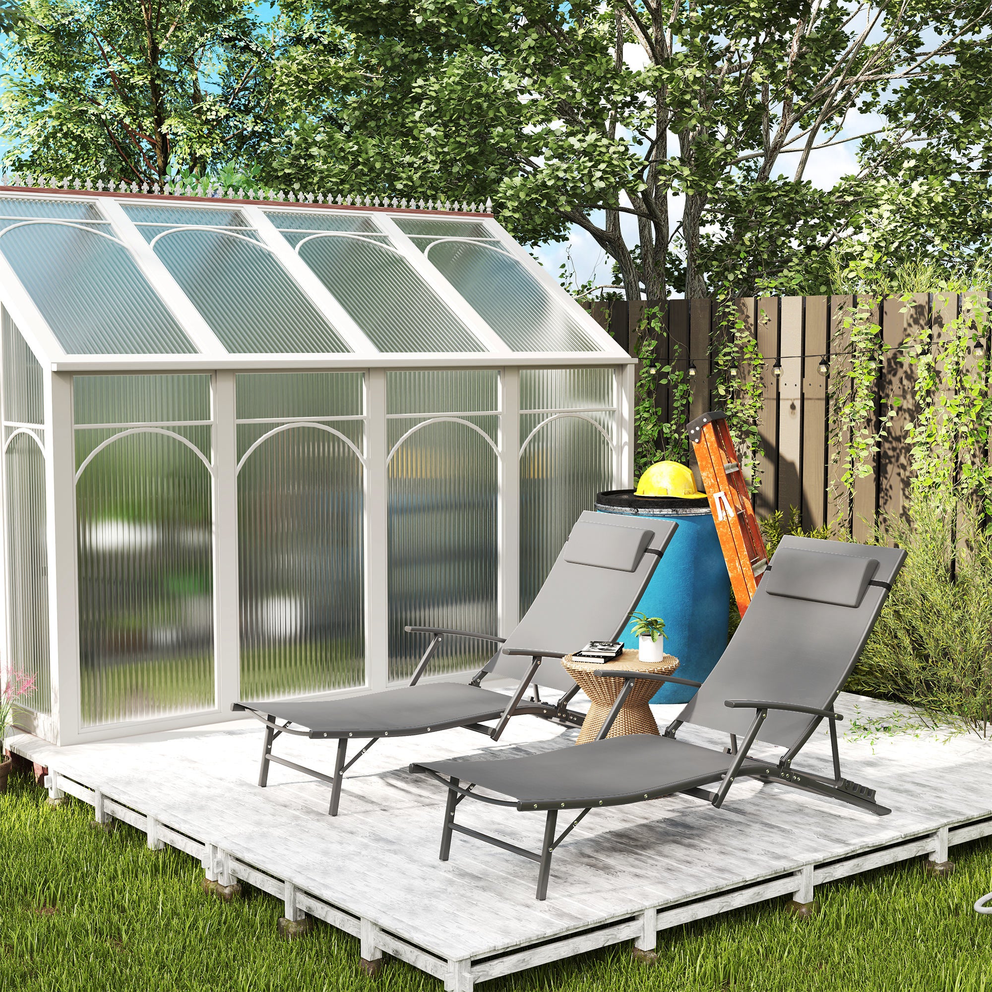 Outsunny Set Of 2 Garden Sun Loungers, Folding Chaise Lounge Chairs, Grey - Image 26
