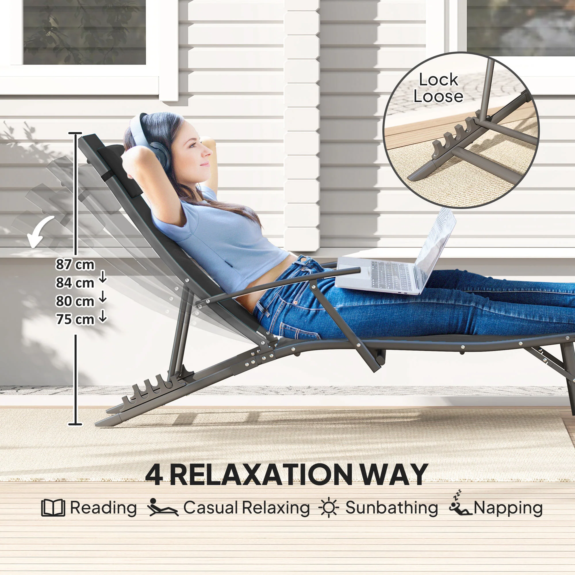 Outsunny Set Of 2 Garden Sun Loungers, Folding Chaise Lounge Chairs, Grey - Image 3