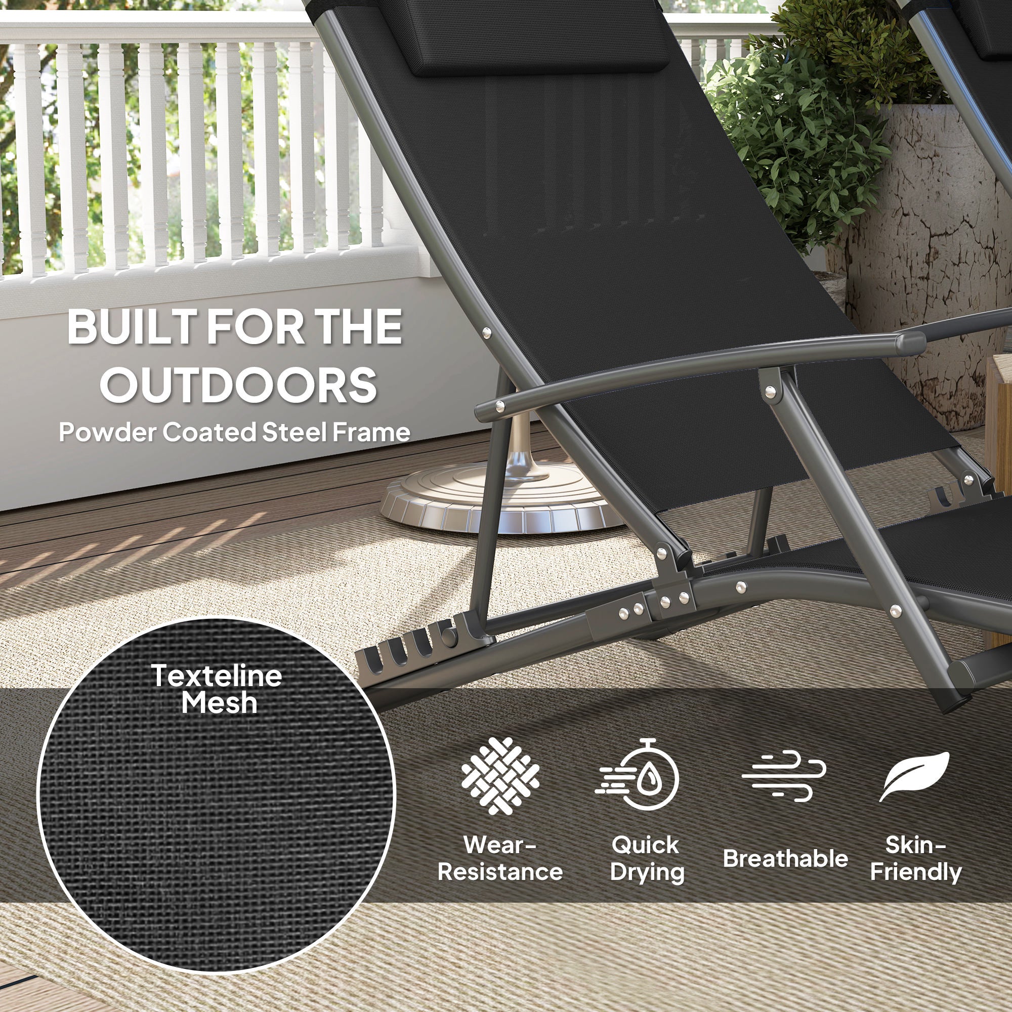 Outsunny Set Of 2 Garden Sun Loungers, Folding Chaise Lounge Chairs, Grey - Image 4