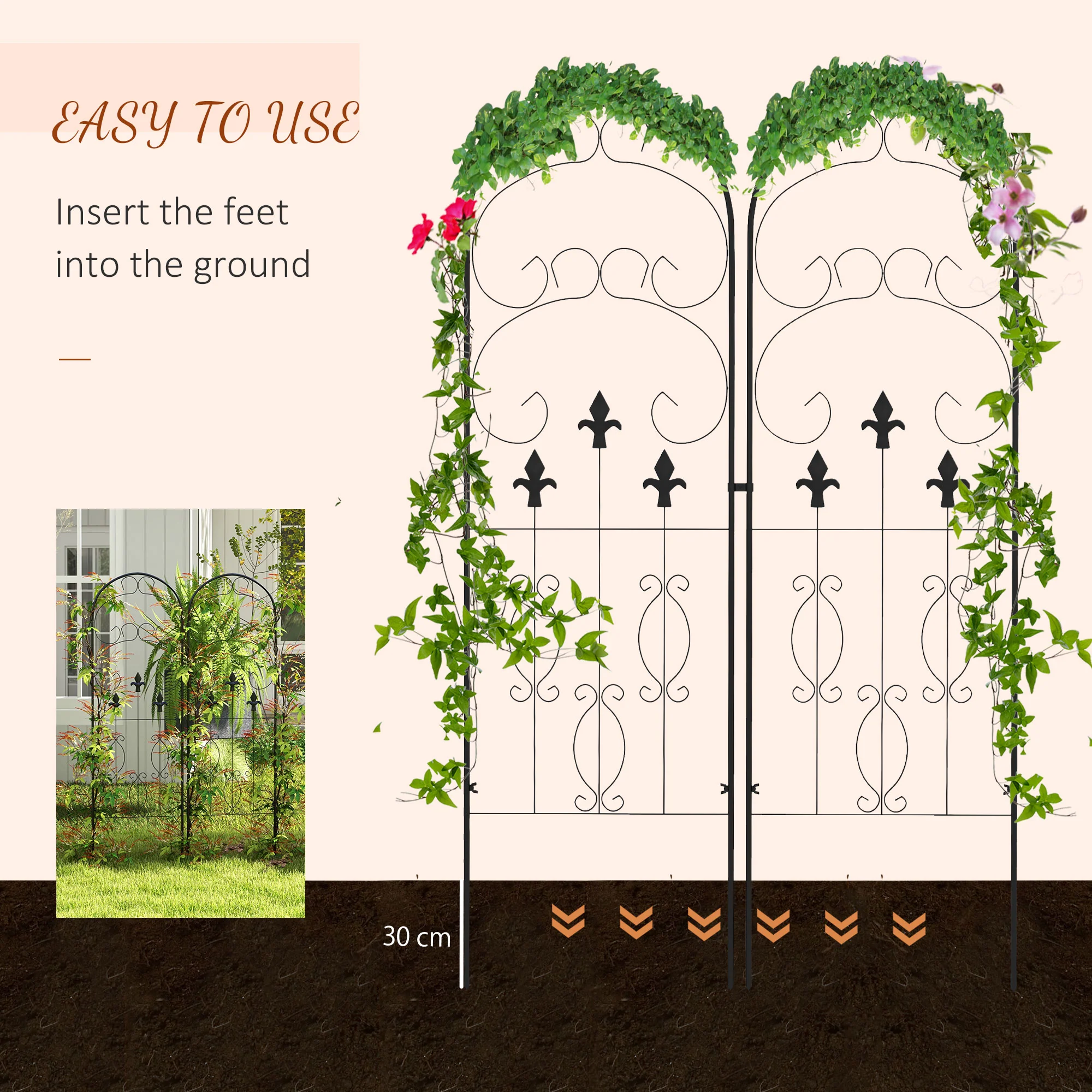 Outsunny Set of 2 Metal Trellis for Climbing Plants, Scrolls Design - Image 4