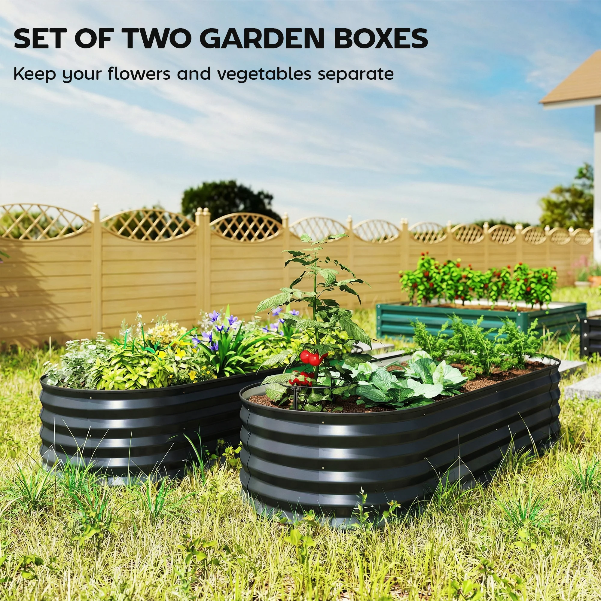 Outsunny Set of 2 Raised Beds for Garden with Metal Plant Stakes, Dark Grey - Image 4