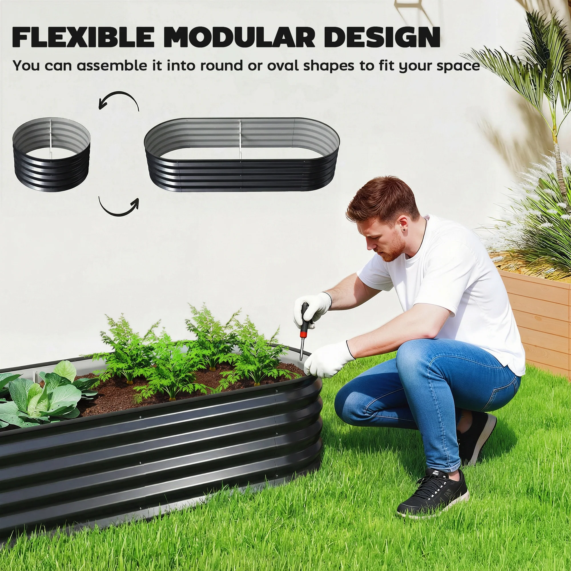 Outsunny Set of 2 Raised Beds for Garden with Metal Plant Stakes, Dark Grey - Image 9