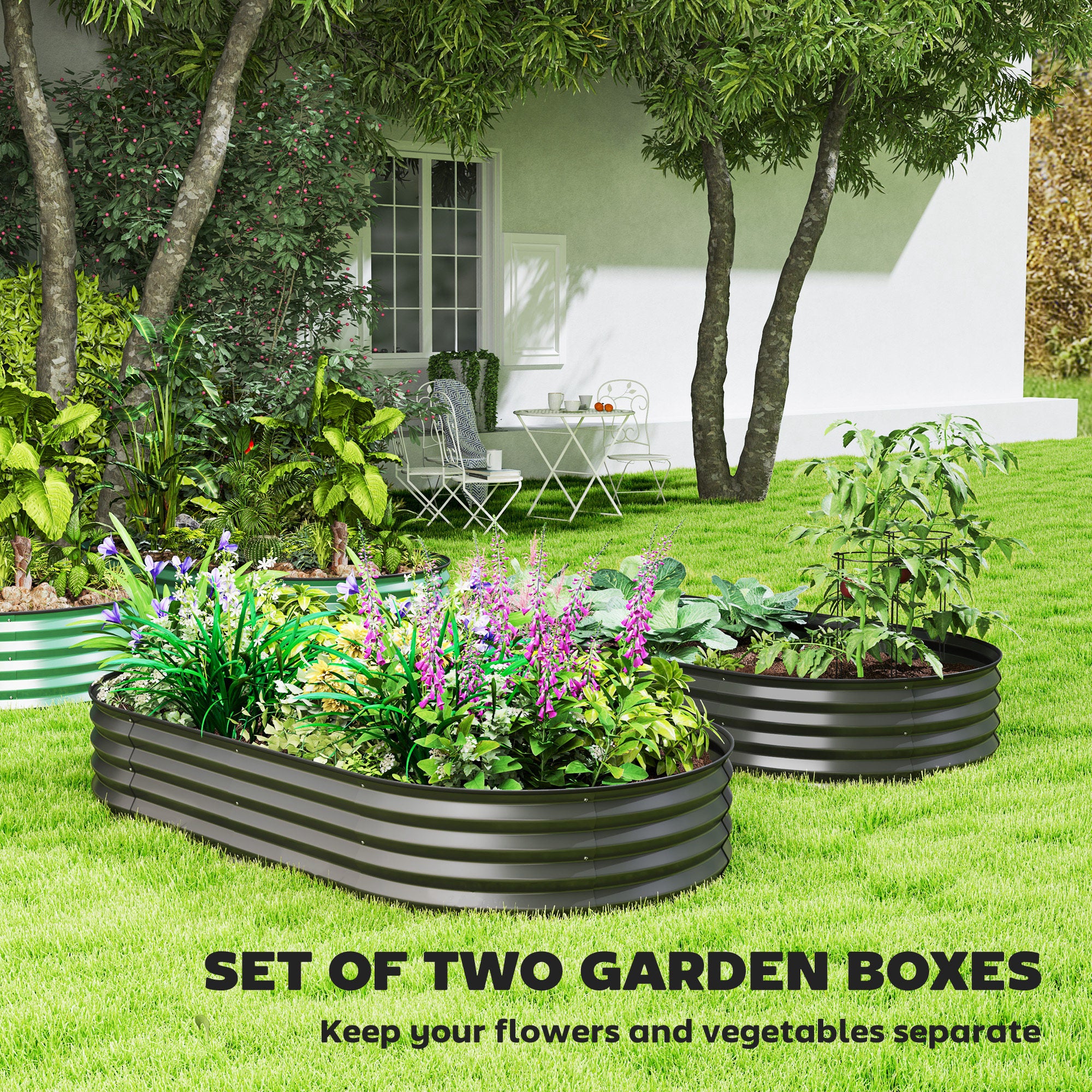 Outsunny Set Of 2 Raised Beds For Garden With Metal Plant Stakes, Dark Grey - Image 3