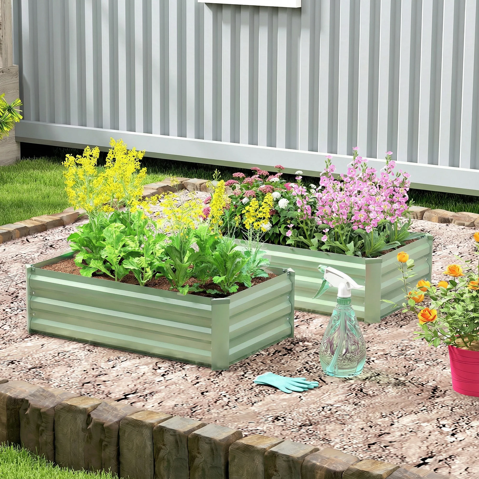 Outsunny Set Of 2 Raised Garden Bed Galvanised Planter Box, Light Green - Image 2