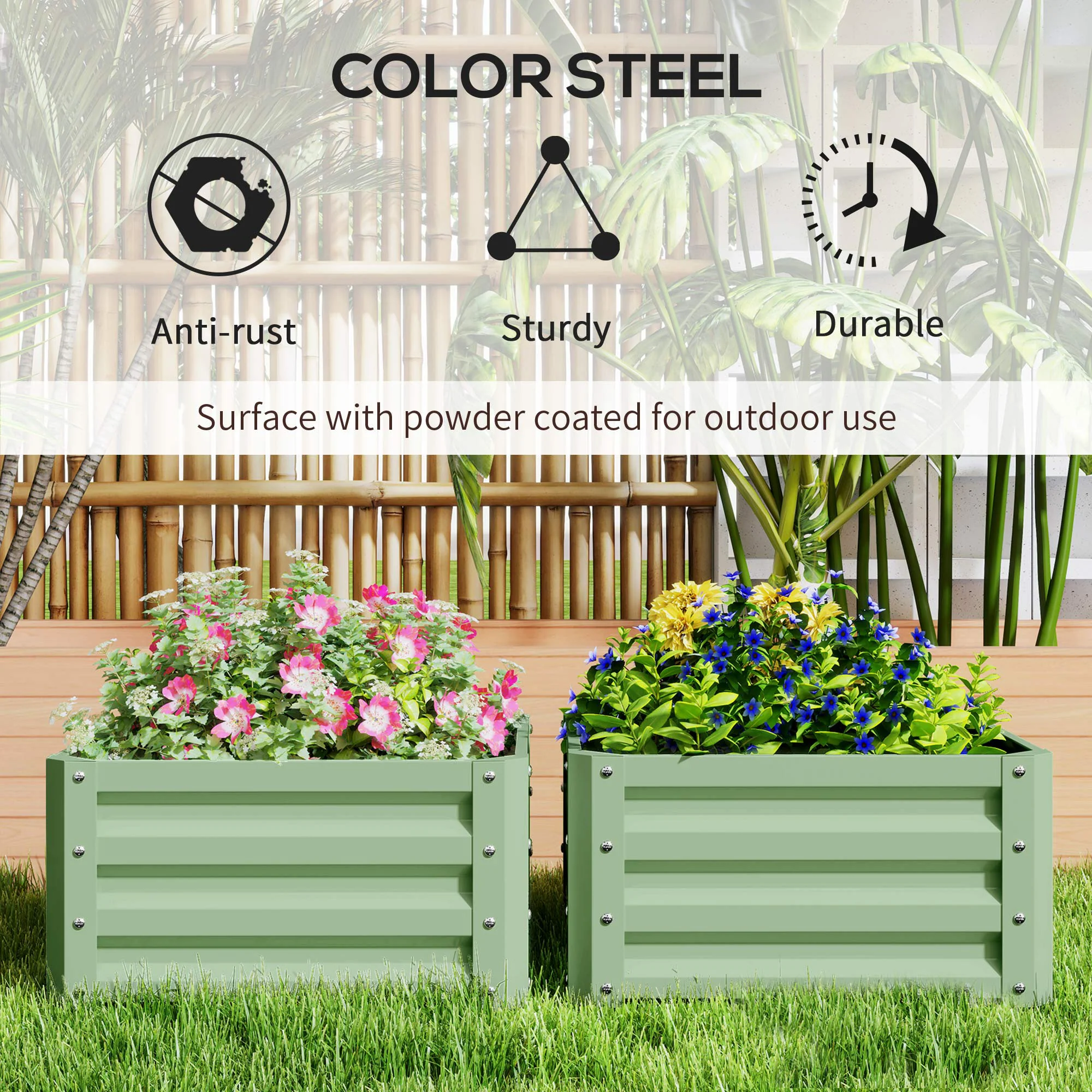 Outsunny Set of 2 Raised Garden Bed Galvanised Planter Box, Light Green - Image 4