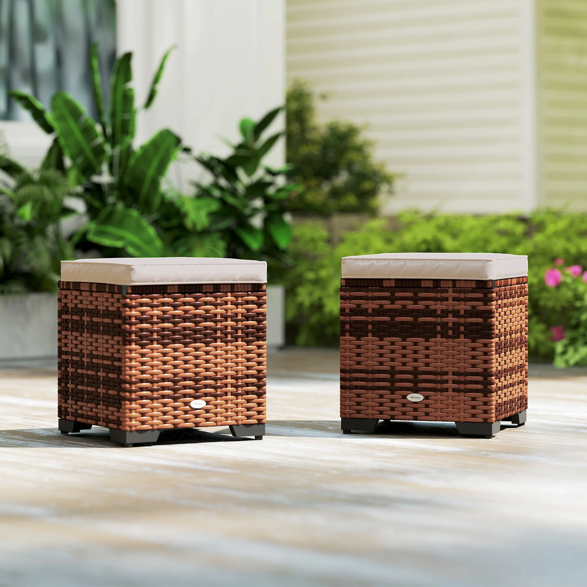 Outsunny Set of 2 Rattan Footstool, Storage Ottoman w/ Cushions - Image 8