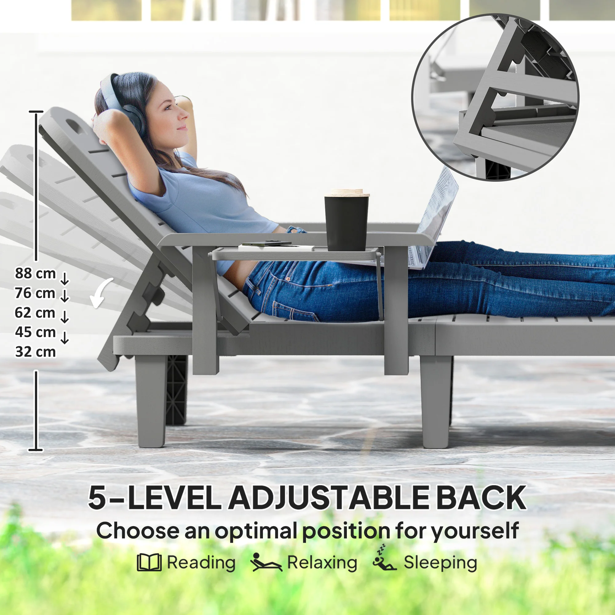 Outsunny Set of 2 Resin Reclining Sun Loungers for Garden - Image 3