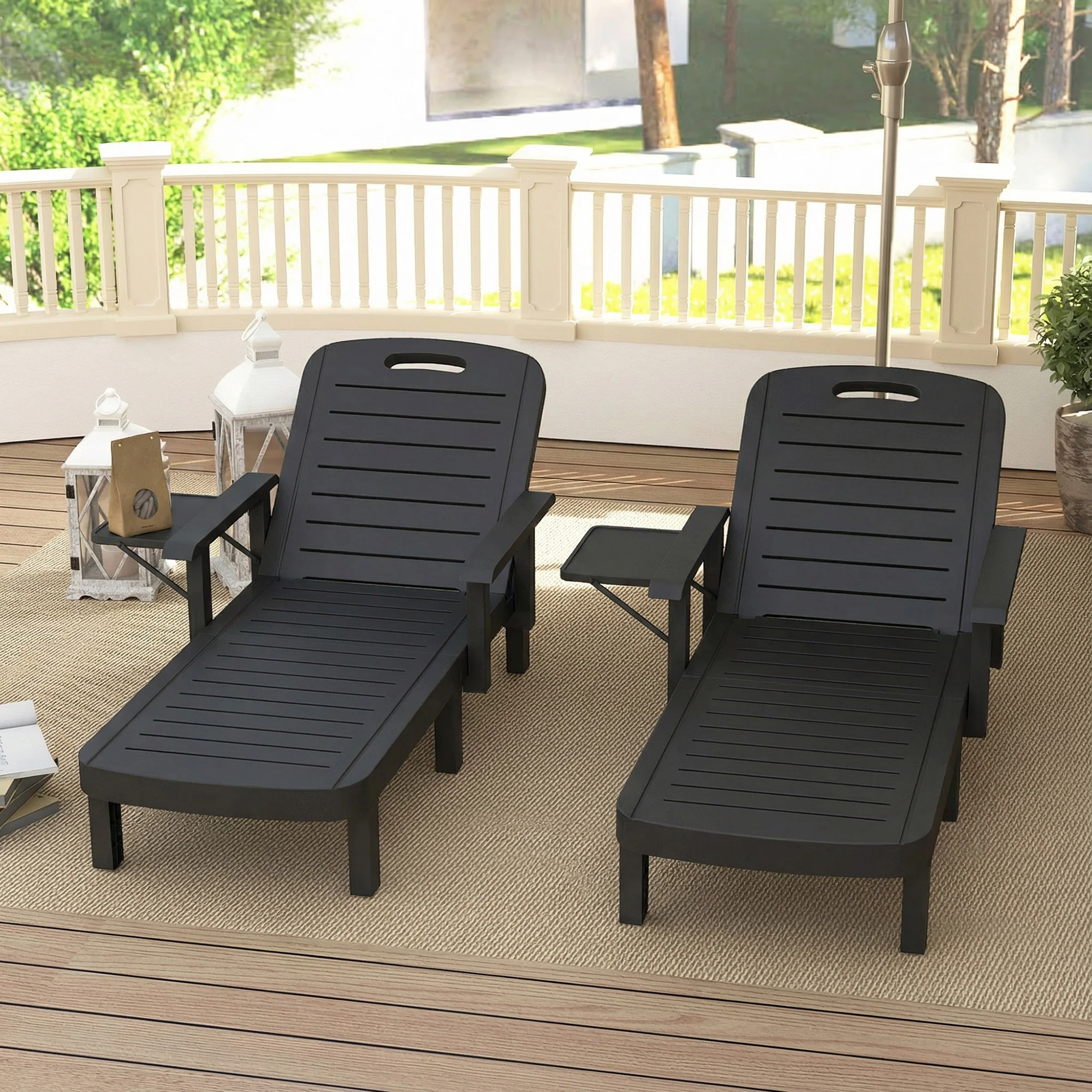 Outsunny Set of 2 Resin Reclining Sun Loungers for Garden, Black - Image 8