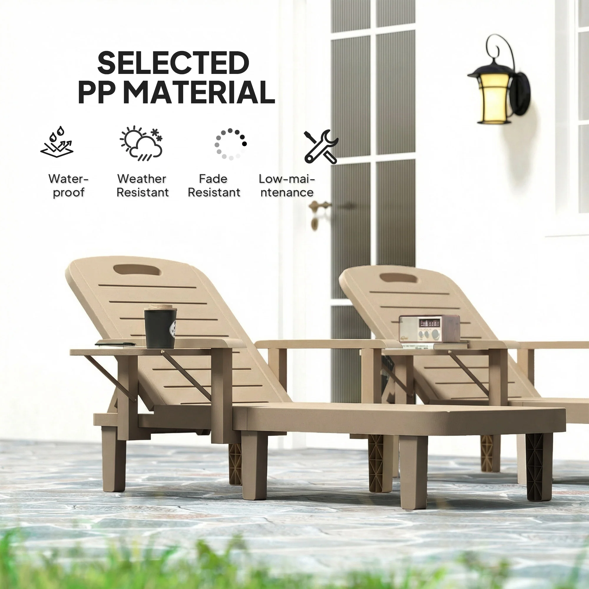 Outsunny Set of 2 Resin Reclining Sun Loungers for Garden, Khaki - Image 6