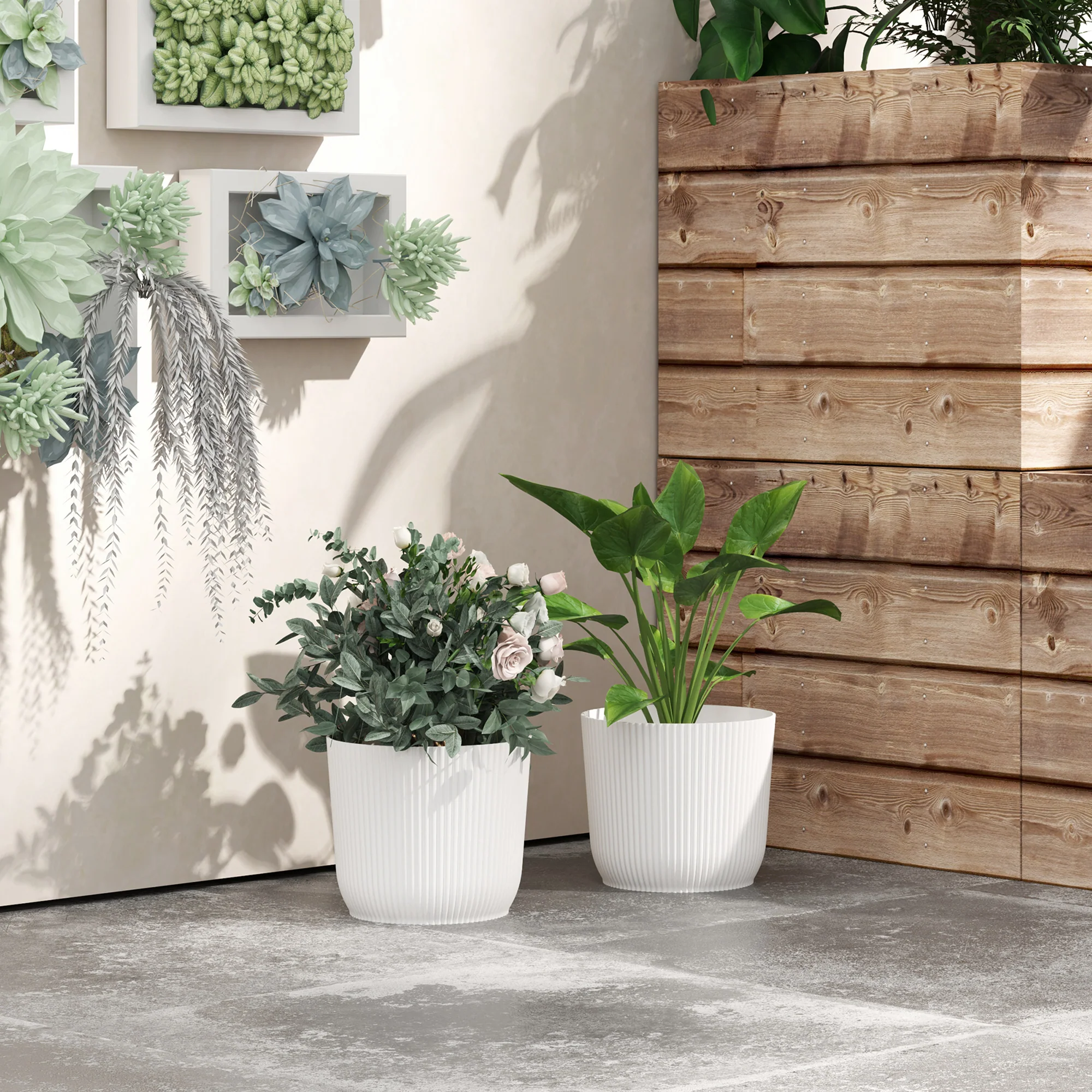 Outsunny Set Of 2 Round Plant Pots Outdoor 22cm For Garden, White - Image 16