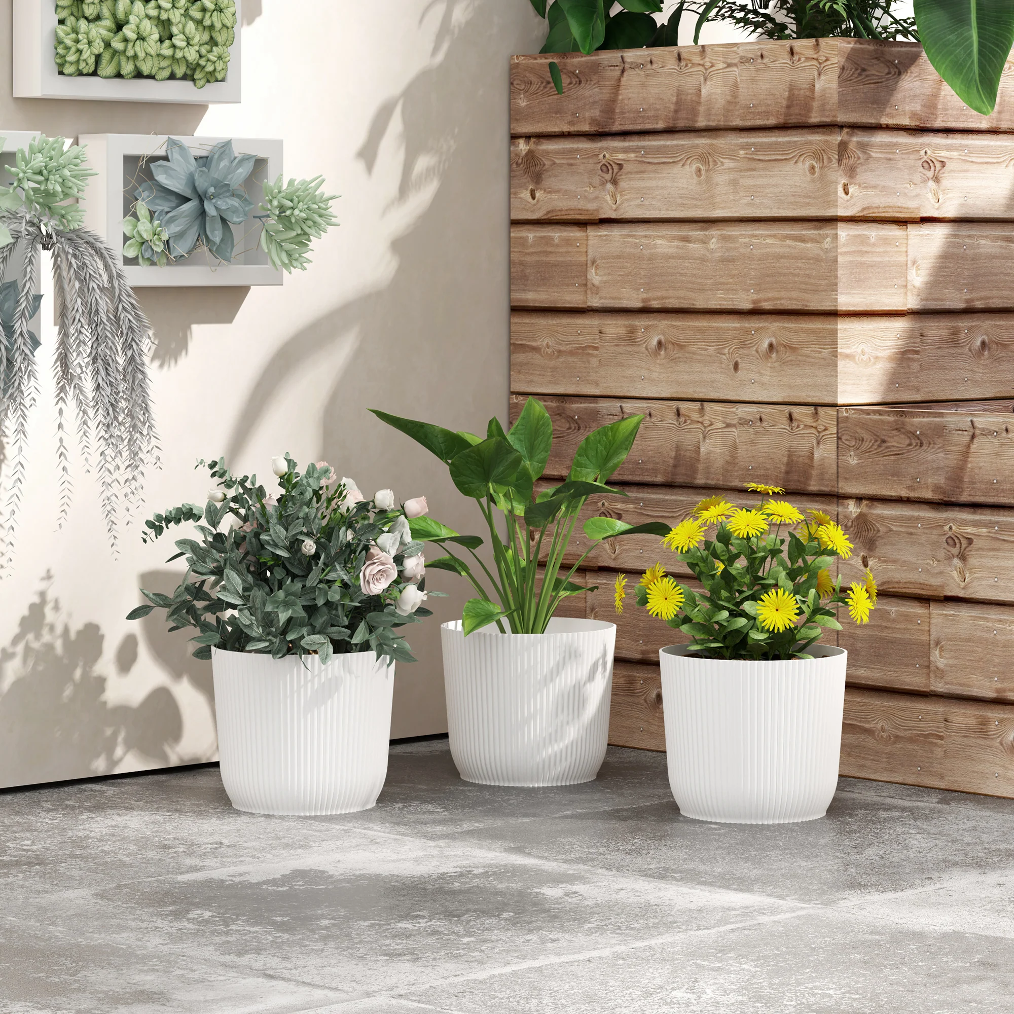 Outsunny Set Of 3 Round Plant Pots Outdoor 22cm For Garden, White - Image 16