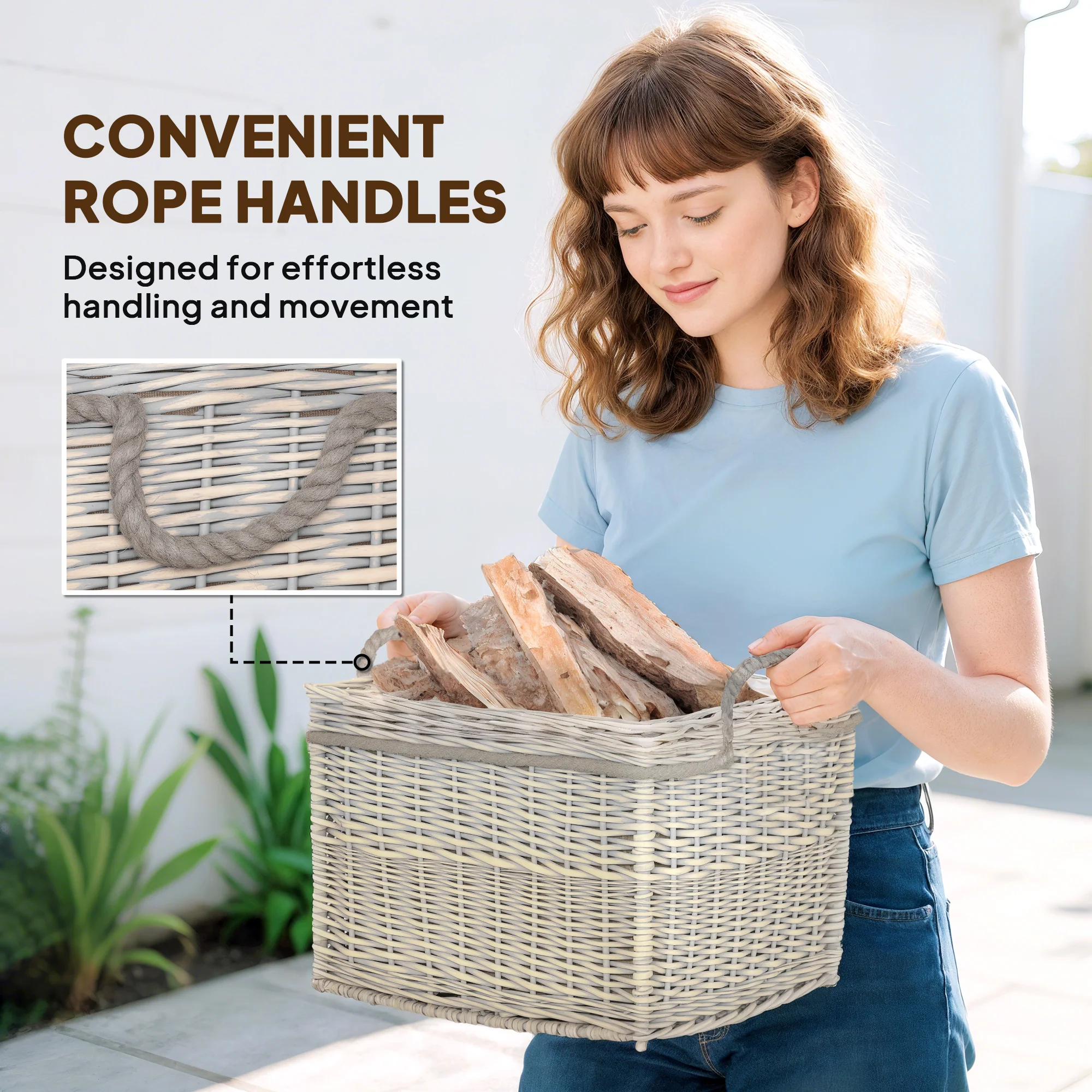 Outsunny Set Of 3 Wicker Log Basket With Liner And Rope Handles, Beige - Image 6