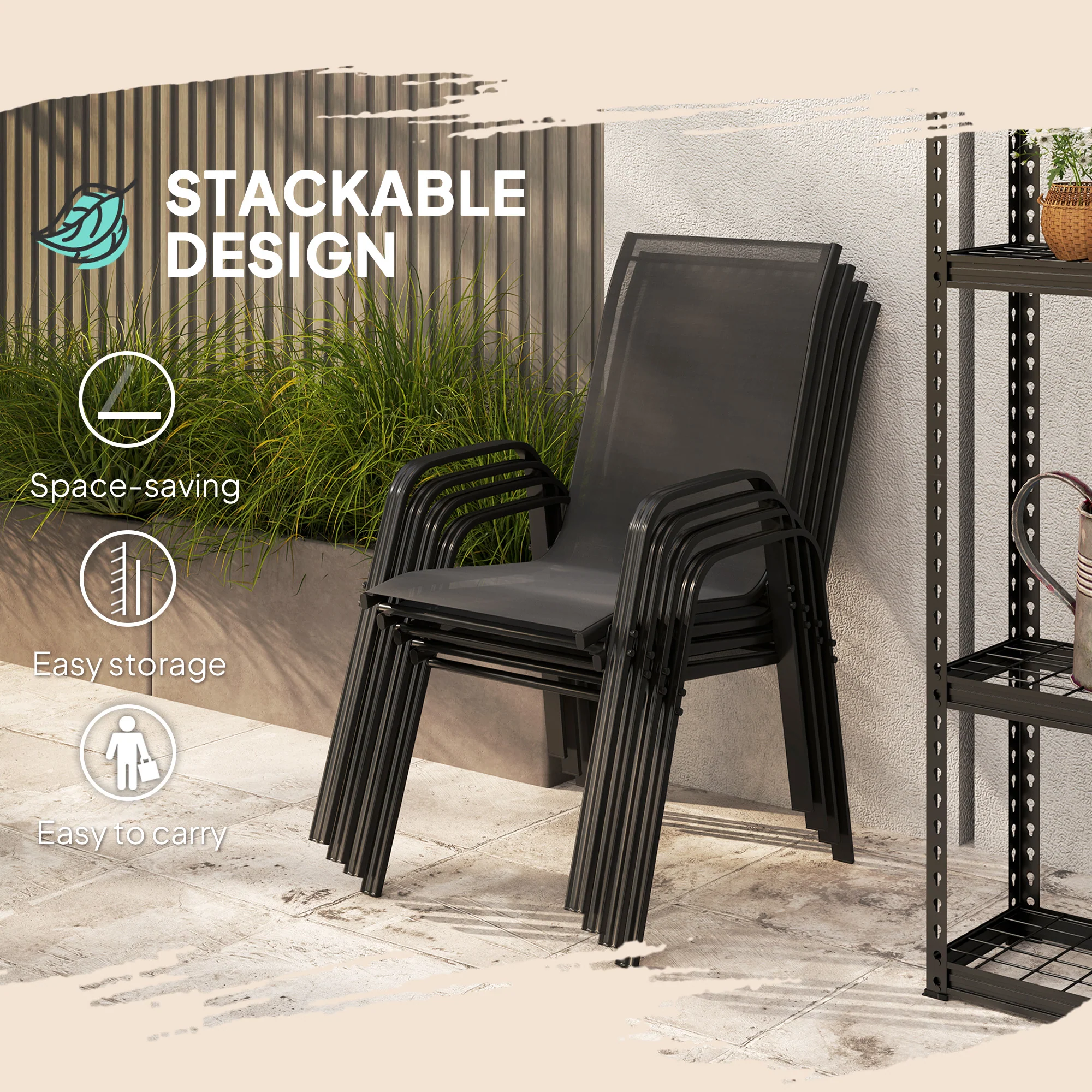 Outsunny Set of 4 Garden Dining Chair Set Outdoor w/ High Back Armrest Black - Image 4