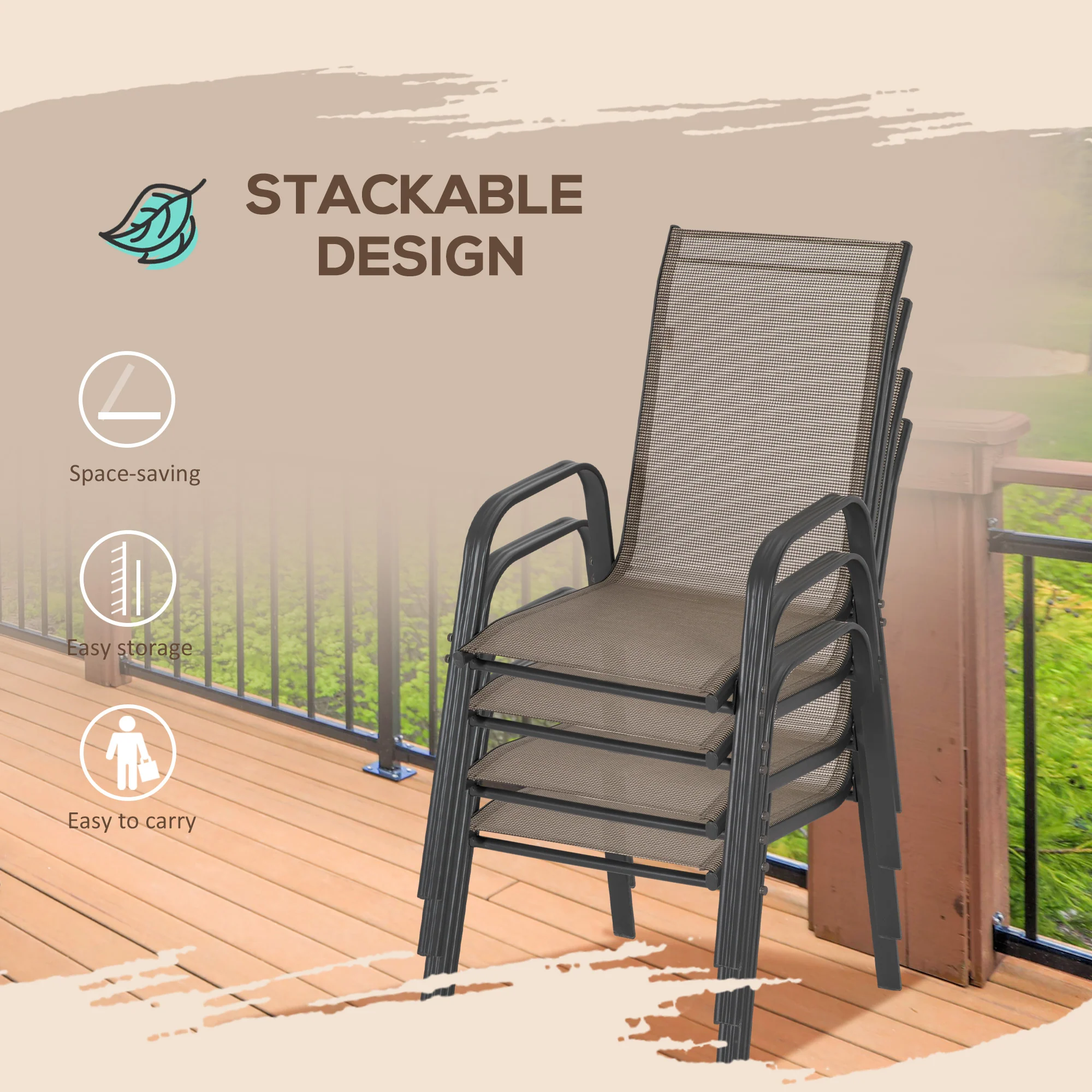 Outsunny Set of 4 Garden Dining Chair Set Outdoor w/ High Back Armrest Grey - Image 4