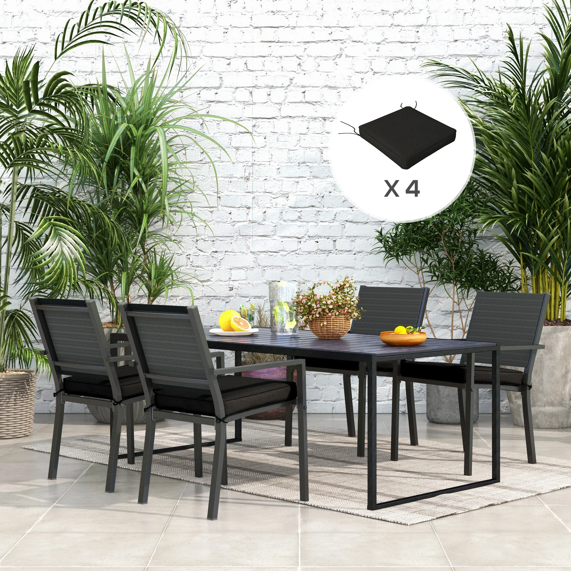 Outsunny Set of 4 Outdoor Seat Cushion with Ties, for Patio Furniture, Black - Image 2