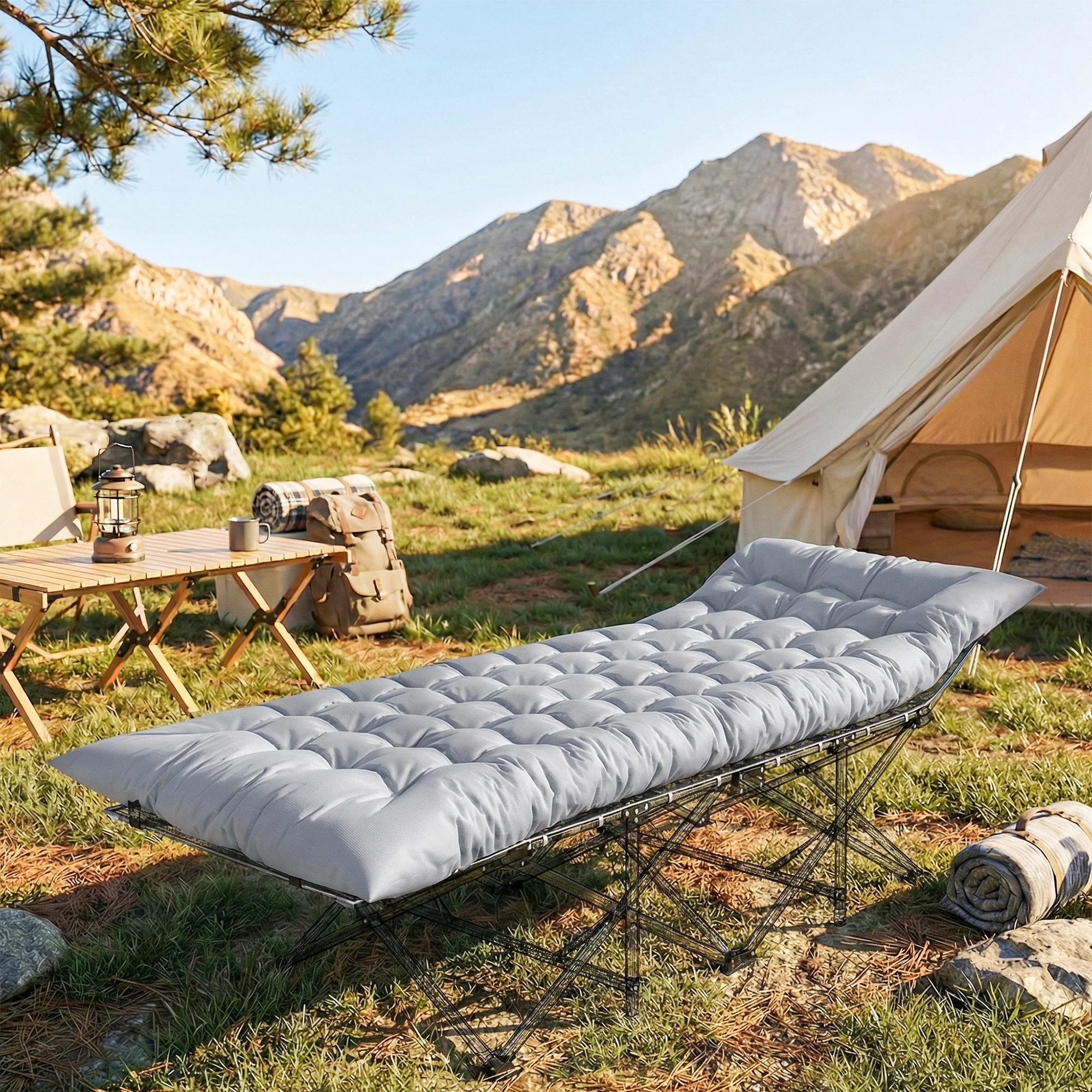 Outsunny Sleeping Mat, Foldable Camping Pad with Elastic Straps Light Grey - Image 2