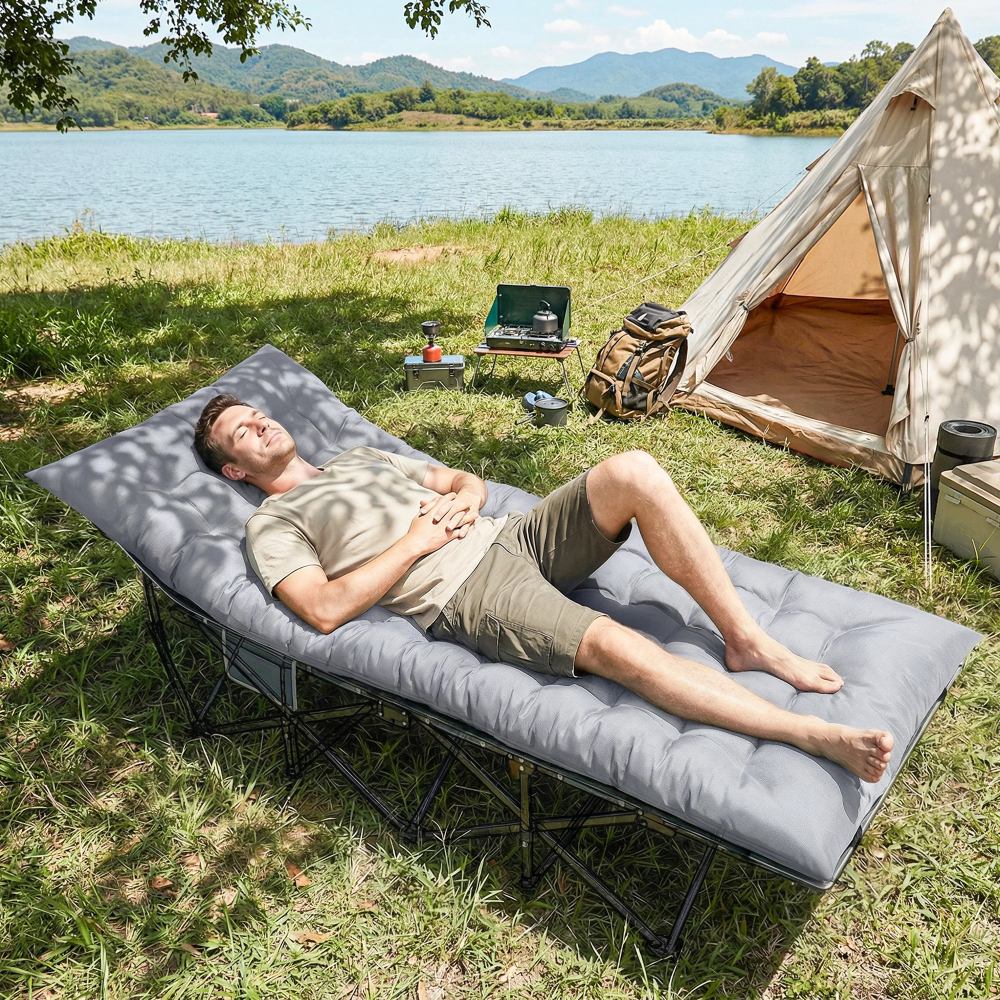 Outsunny Sleeping Mat, Foldable Camping Pad with Elastic Straps Light Grey - Image 8