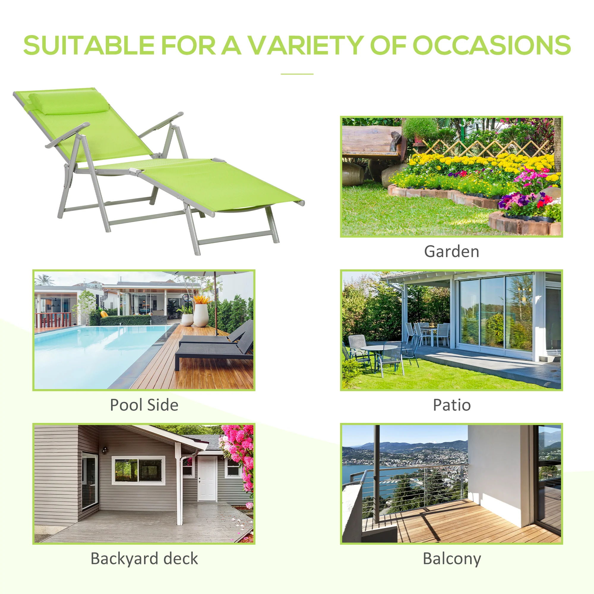 Outsunny Sling Patio Reclining Chaise Lounge Garden Furniture Folding, Green - Image 7