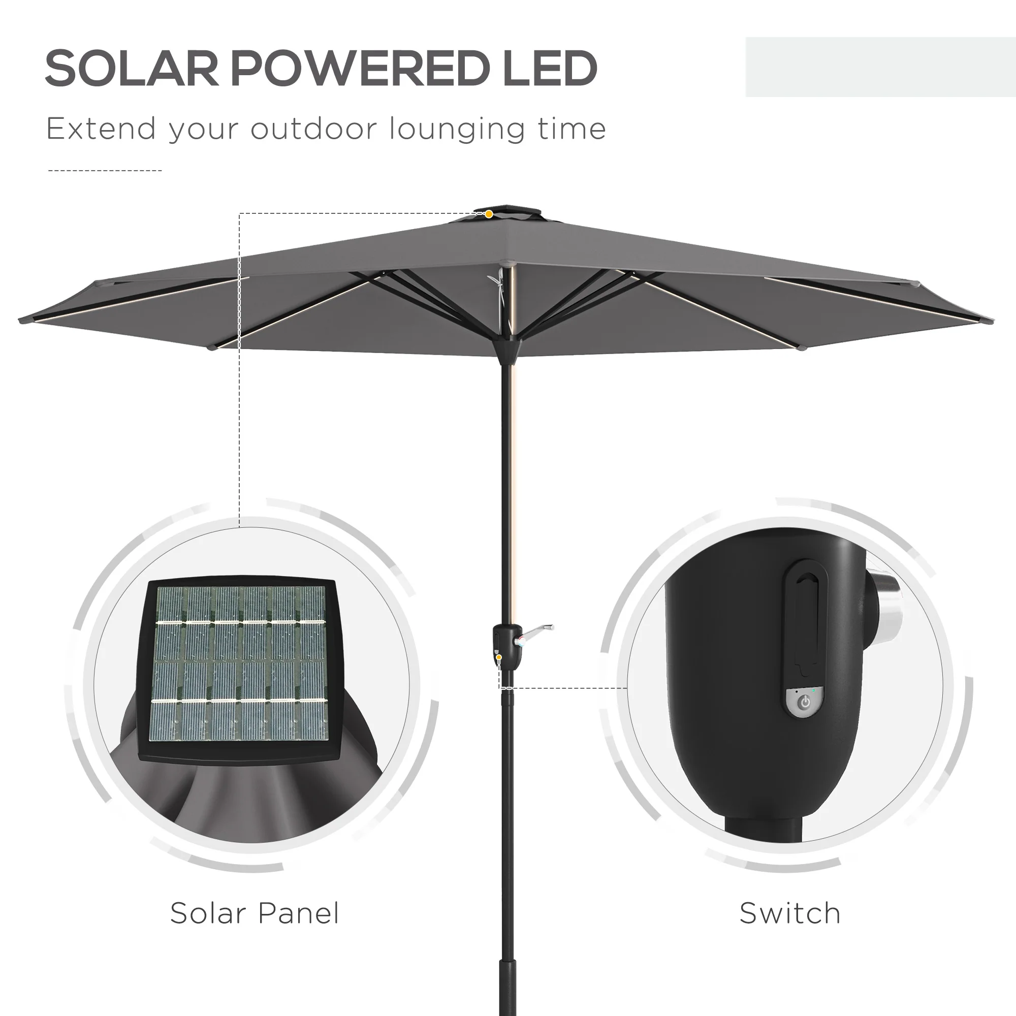 Outsunny Solar Patio Garden Parasol With Lights For Outdoor Grey - Image 12